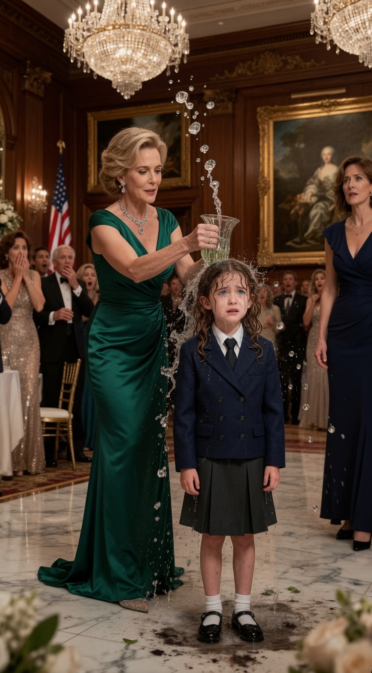 “Who Touched My Daughter?” The Billionaire’s Voice Shook the Ballroom After a Wealthy Socialite Dumped Dirty Water on a Crying Little Girl—Never Realizing the Sapphire Around Her Neck Was About to Expose a Secret Hidden for Six Years