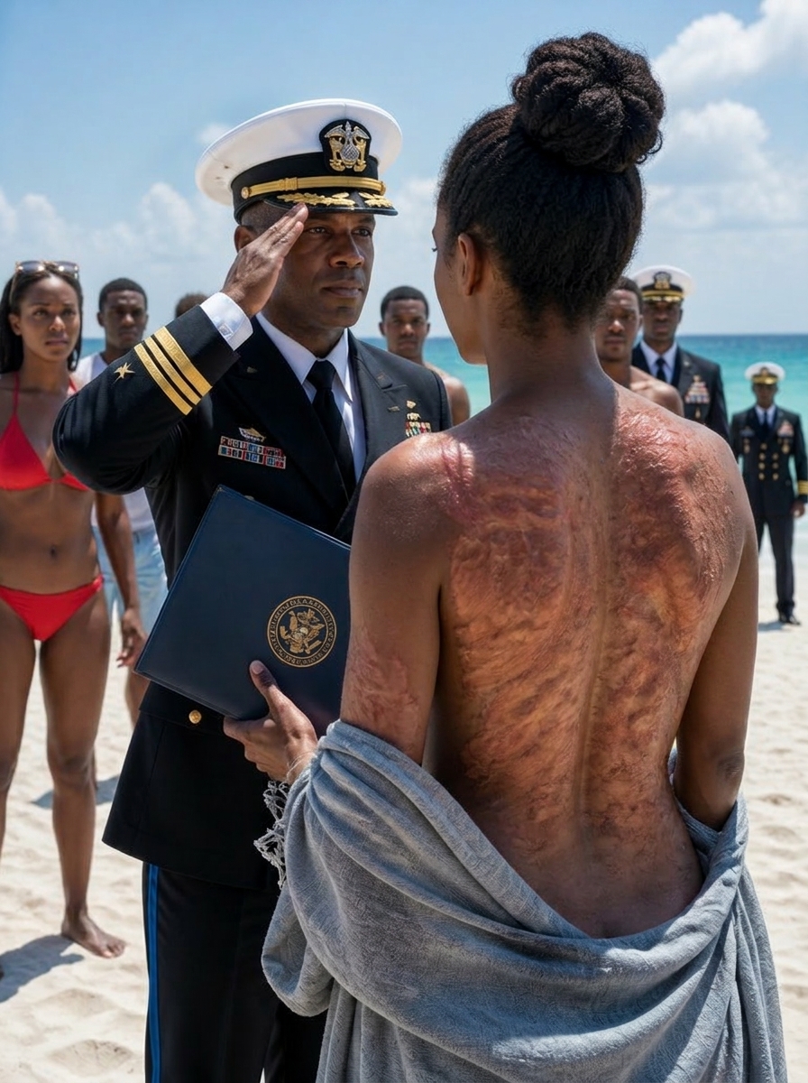 My sister ripped my shirt open on a luxury beach in front of Navy officers and laughed at the scars covering my back. My father stood there in silence while everyone stared at me like I was broken.