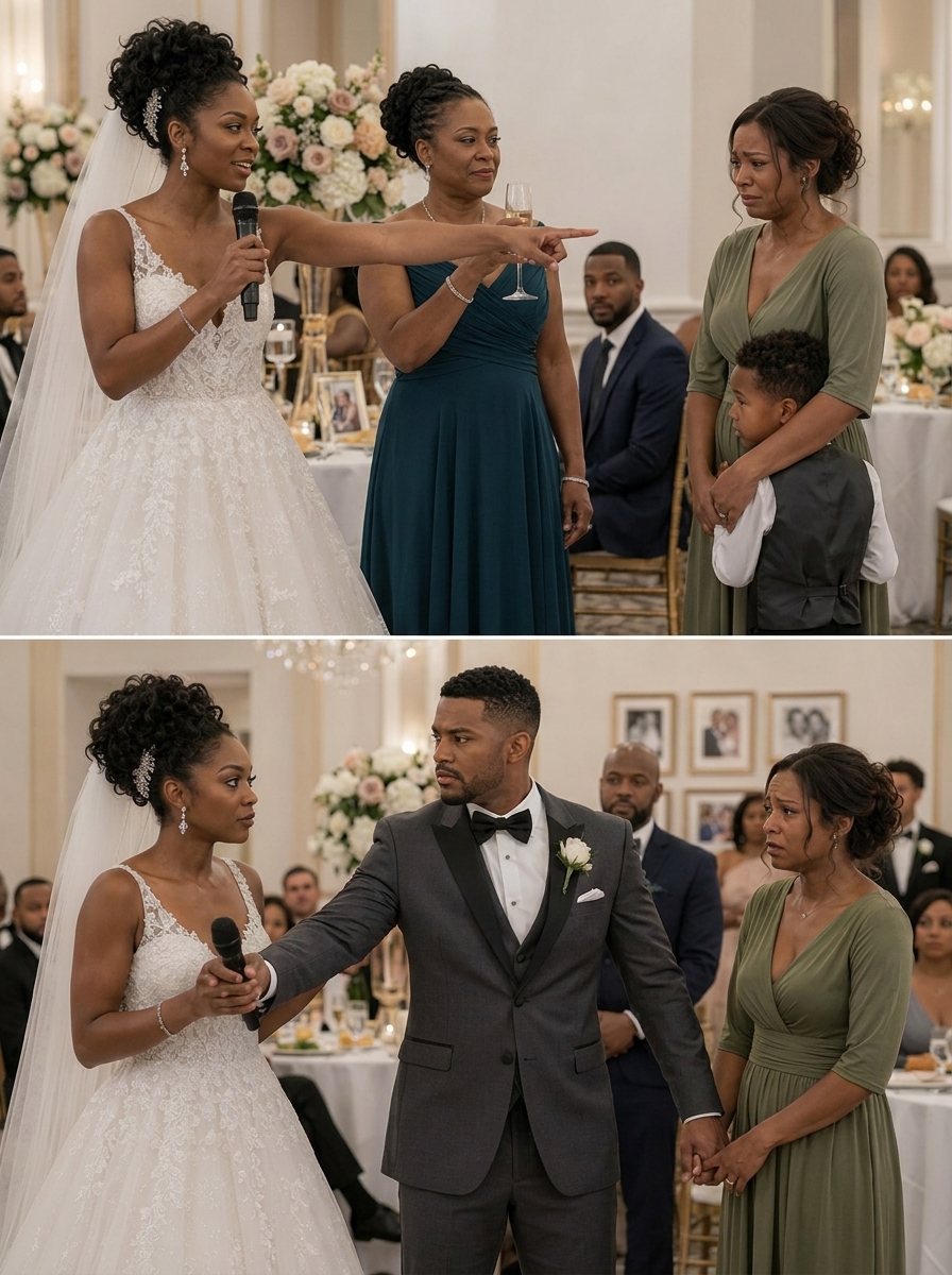 At my sister’s wedding, she grabbed the microphone and called me “a single mom no man would ever want” in front of 200 guests. Then my mother raised her glass and called me “used goods.” Everyone laughed… until the groom stood up, took the microphone from my sister’s hand, and said something that made the entire ballroom go silent.
