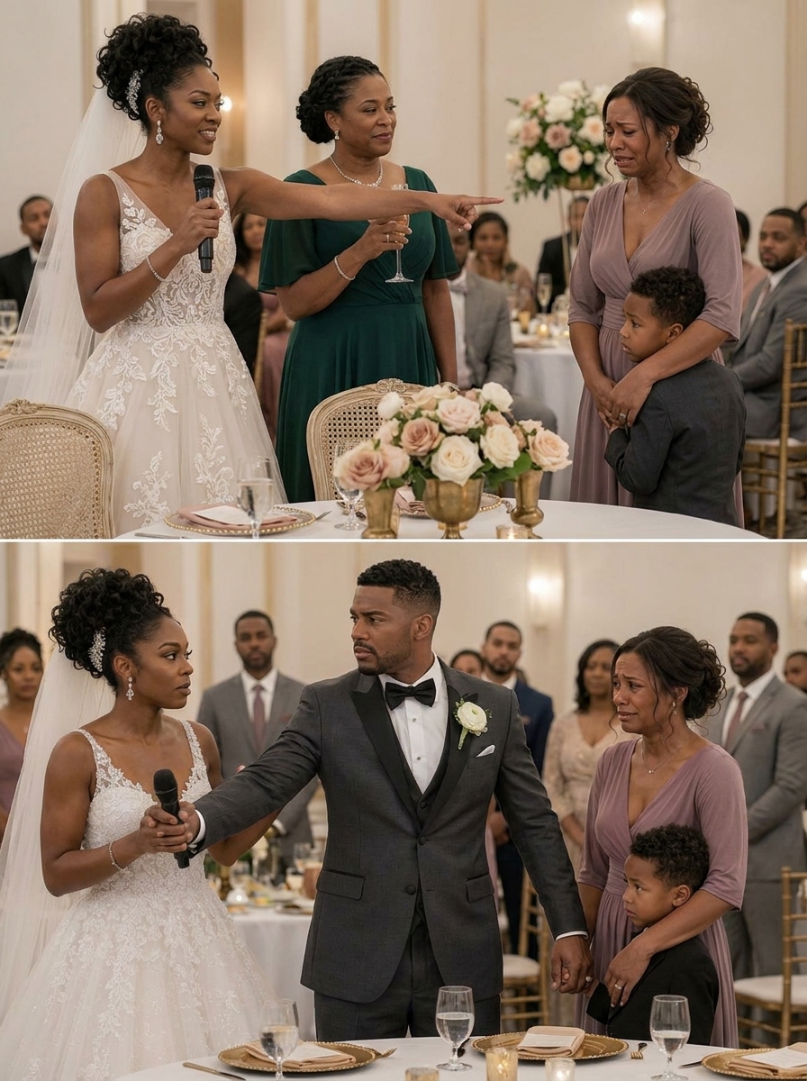 At my sister’s wedding, she grabbed the microphone and called me “a single mom no man would ever want” in front of 200 guests. Then my mother raised her glass and called me “used goods.” Everyone laughed… until the groom stood up, took the microphone from my sister’s hand, and said something that made the entire ballroom go silent.