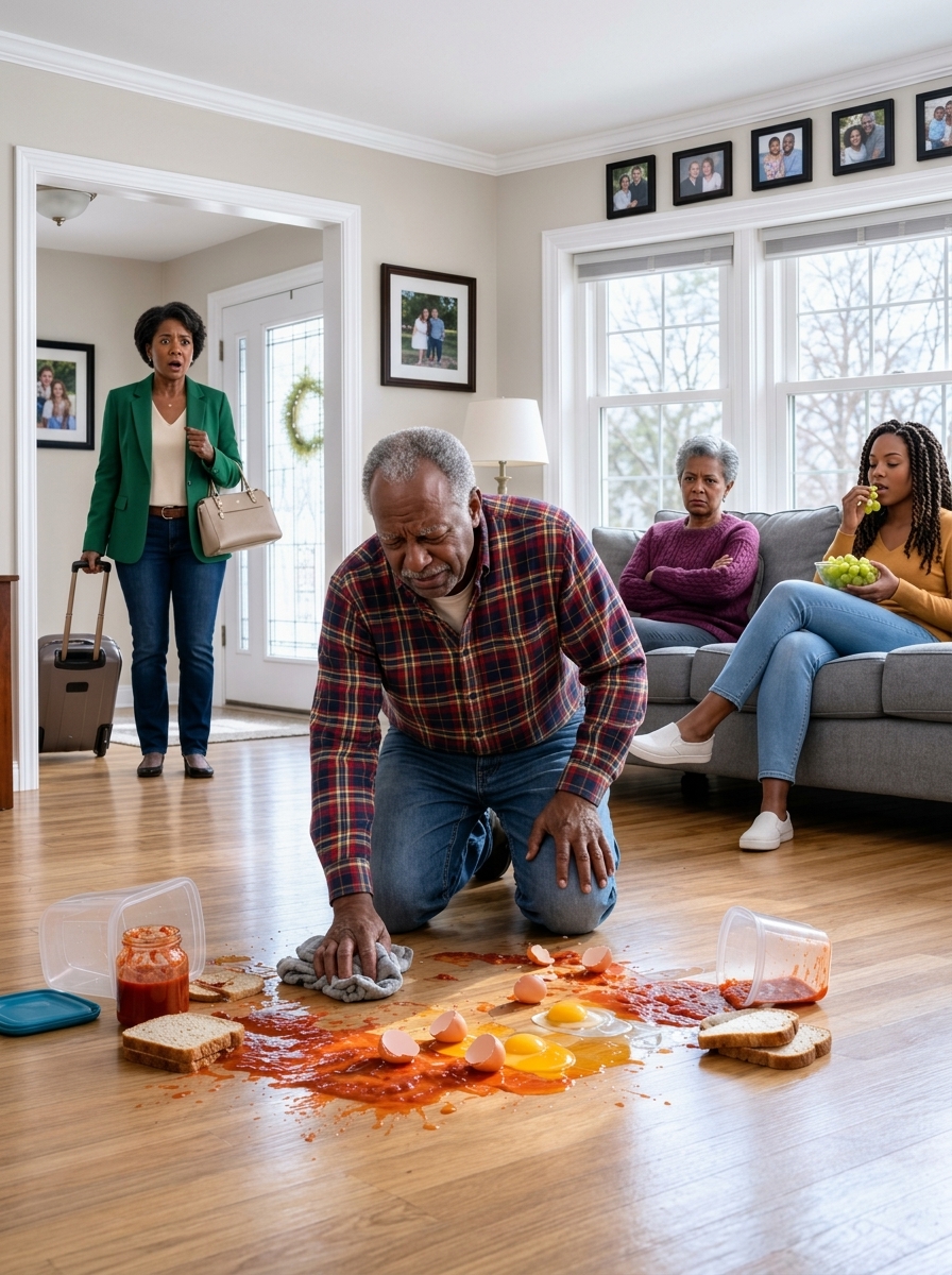 Woman returned early from a business trip and found her father kneeling on the floor cleaning, while her mother-in-law mocked him: “This house smells like the countryside.”