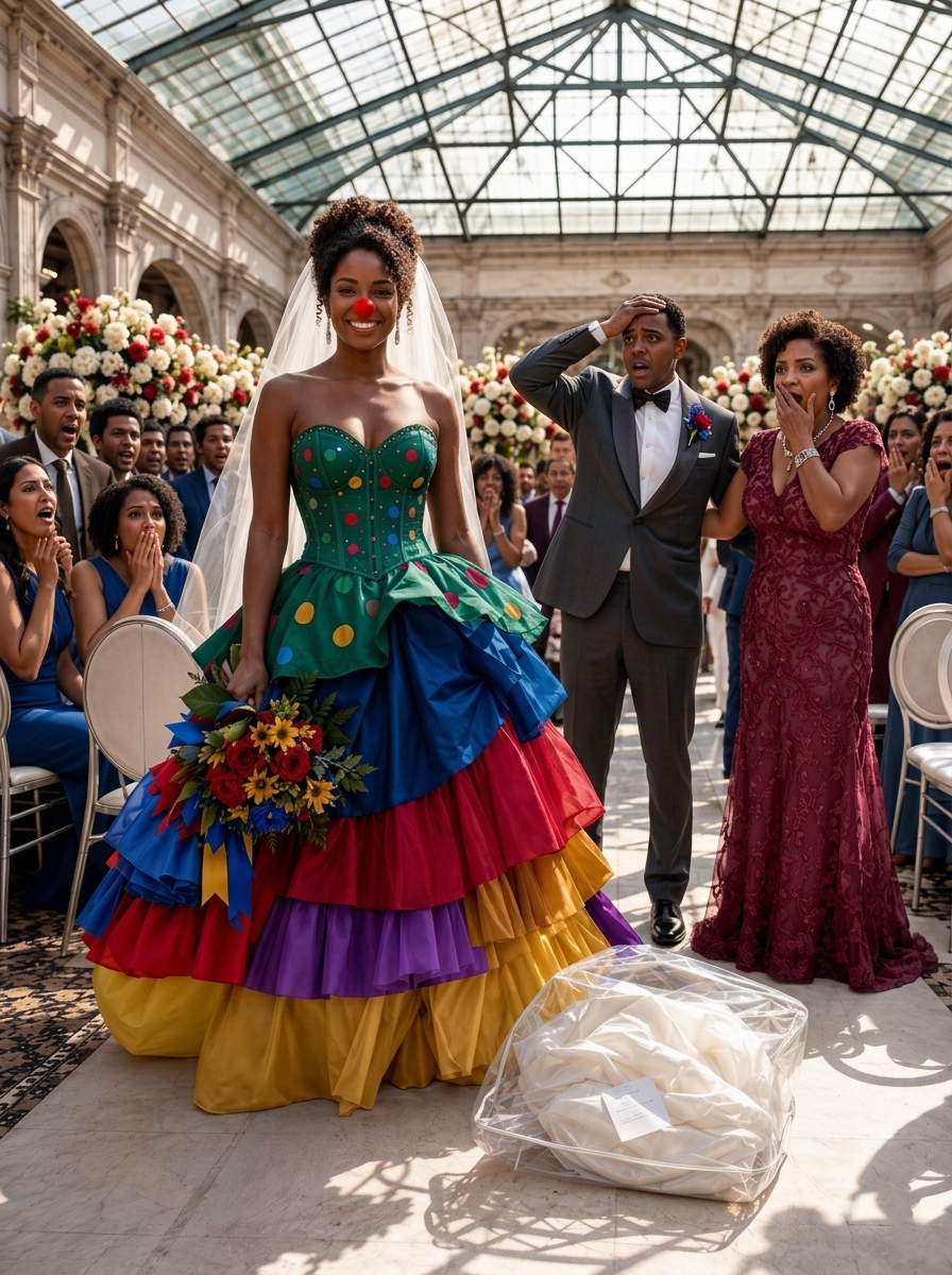 My mother-in-law hid my wedding dress and left me a clown costume along with a note that read, “Know your place”; in front of 200 guests, I put it on, took my father’s hand, and walked down the aisle
