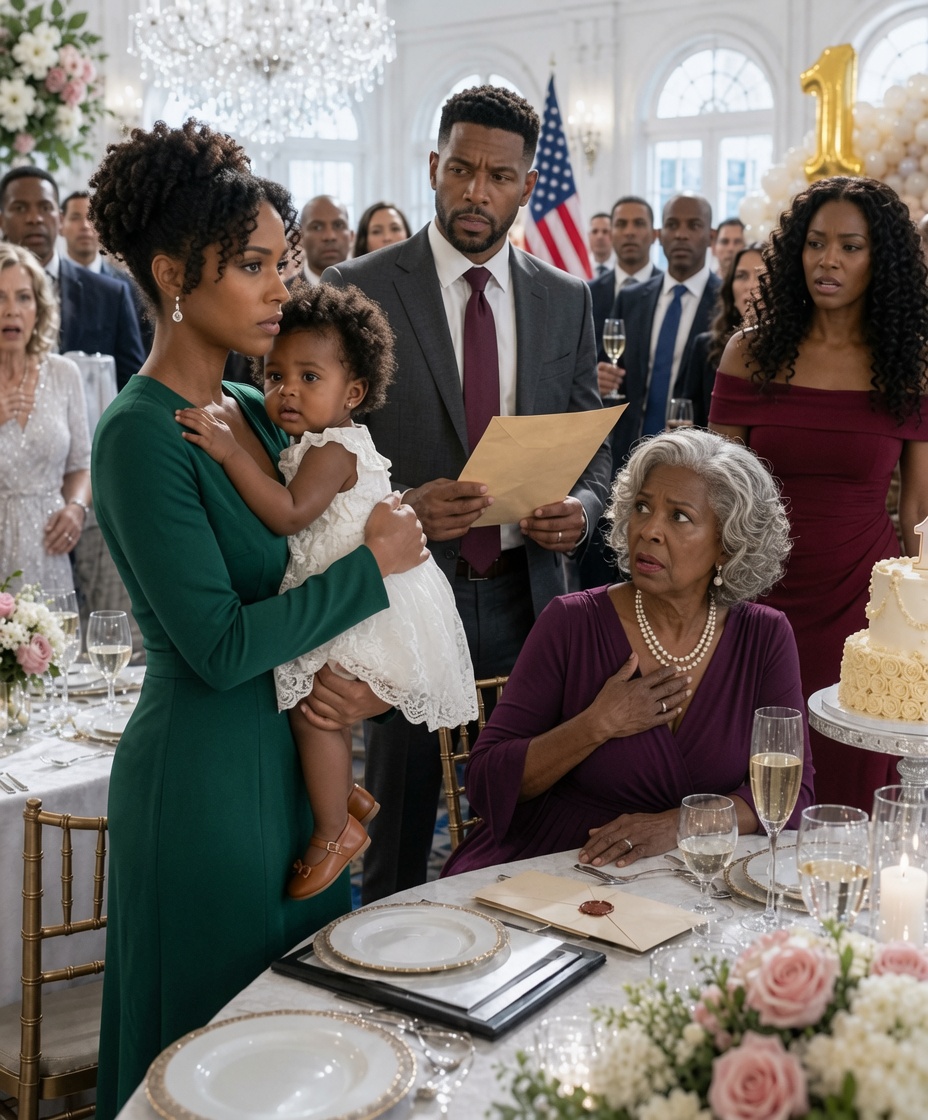 On my daughter’s first birthday, my mother-in-law raised her glass in front of the whole family and asked who the real father was because the baby had blue eyes… everyone expected to see me cry, until I took two envelopes out of my bag and laid out the truth she had planned to hide.