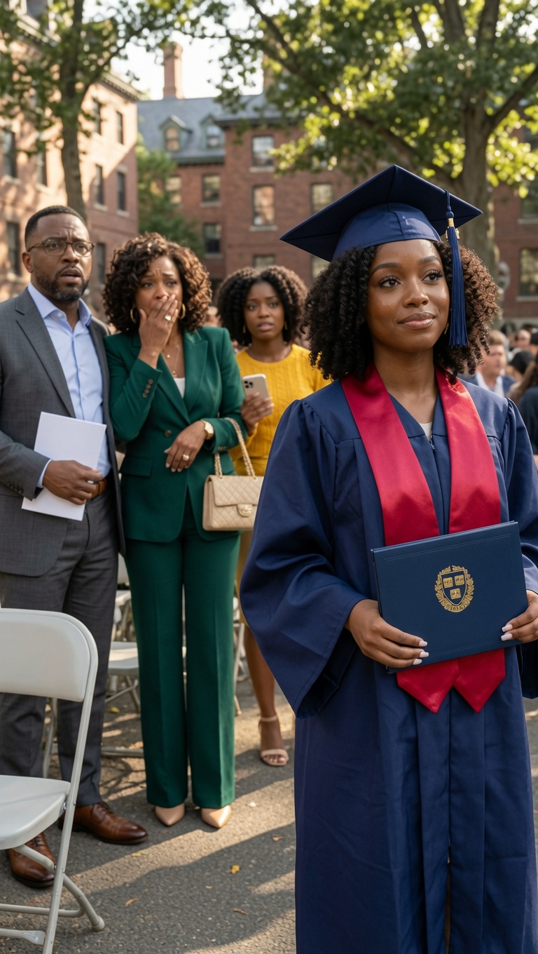 My parents told me to take the bus to my Harvard graduation because they were too busy buying my sister a brand-new Tesla, but when they finally showed up expecting to watch me quietly walk across the stage and go back to celebrating her, the dean took the mic, said my name, and my father dropped his program as the whole crowd learned what I had built while they were busy acting like I was never the child worth showing up for.