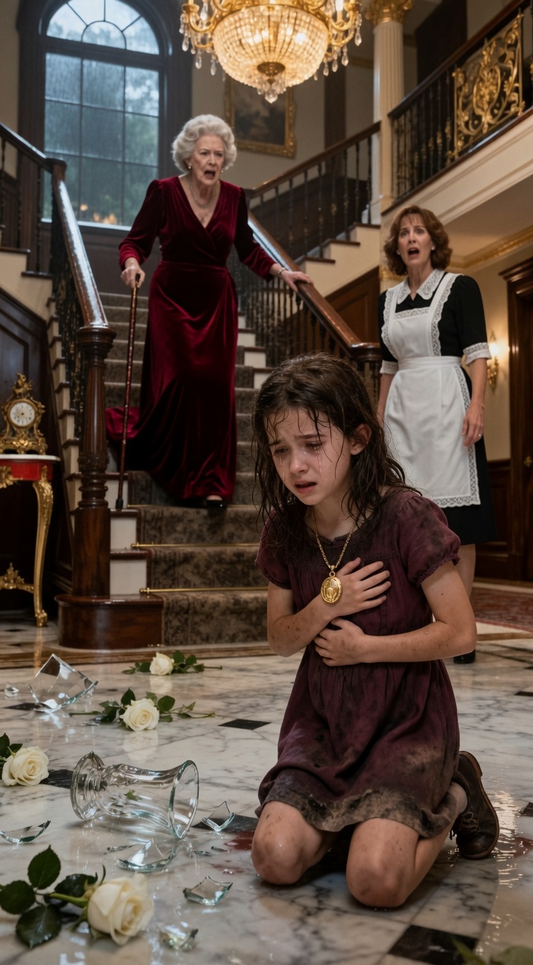 She Knelt on the Marble Floor Cleaning the Mess They Blamed on Her — Until the Grandmother Walked Down the Staircase, Looked at the Terrified Little Girl Clutching a Hidden Gold Locket, and Whispered, ‘Stand Up, Elowen Blackthorn… You Were Never the Servant in This House, You Were the Heir They Tried to Erase’
