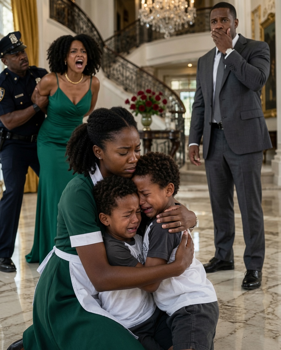 My 6-year-old twins screamed as police handcuffed their nanny. “She stole from us,” my wife smirked, watching the officers drag the crying woman away. My sons were terrified—but not of the police