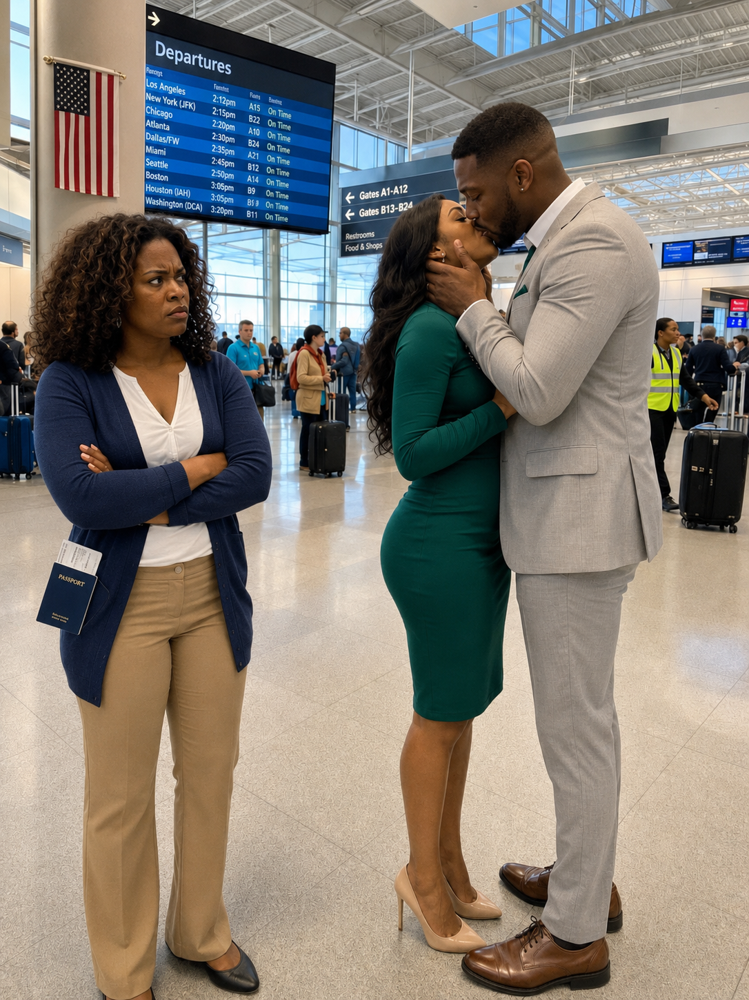 I went to the airport just to say goodbye to a friend. I never imagined I would find my husband there, hugging the woman he swore was “just a coworker.” When I got closer, my heart racing, I heard him whisper, “Everything is in place. That idiot is about to lose everything.” She laughed and replied, “And she won’t even see it coming.” I didn’t cry or confront them. I smiled. Because I had already set my trap.