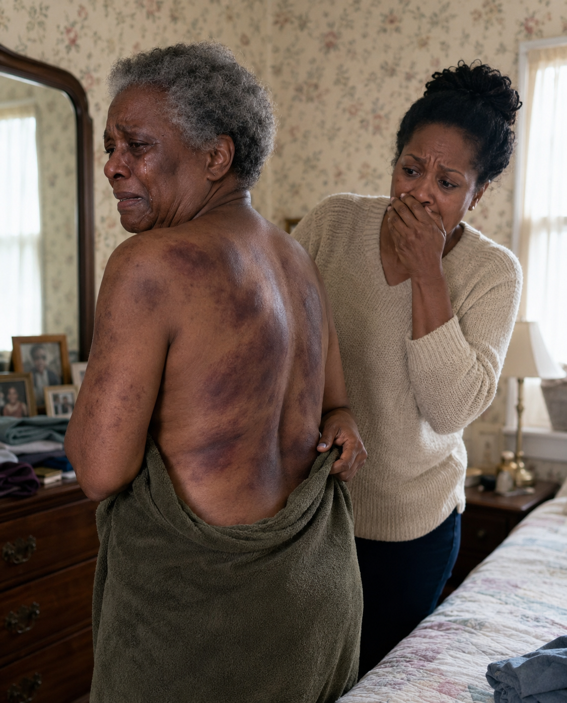 I came home to visit my elderly mother, but when I offered to help bathe her, she shrank back in terror. “Please… don’t take off my coat,” she pleaded, her body trembling. The moment I carefully slipped it from her shoulders, I saw dark bruises and rope marks covering her fragile skin.