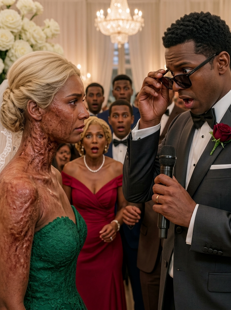 At my wedding, the guests laughed at my groom. “He must be blind to marry such a hideous woman with scars covering her face,” someone sneered. My husband calmly took the microphone.