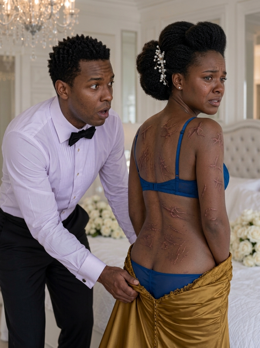 On our wedding night, I gently pulled down my wife's wedding dress—and was stunned to see the long scars etched across her body. “Who did this to you?” I whispered. She trembled. “My stepfather. He said no one would believe me.” I kissed her forehead and made a phone call. By dawn, the police had his recording, his bank account was frozen, and the monster who had terrorized her for years was begging for our forgiveness.