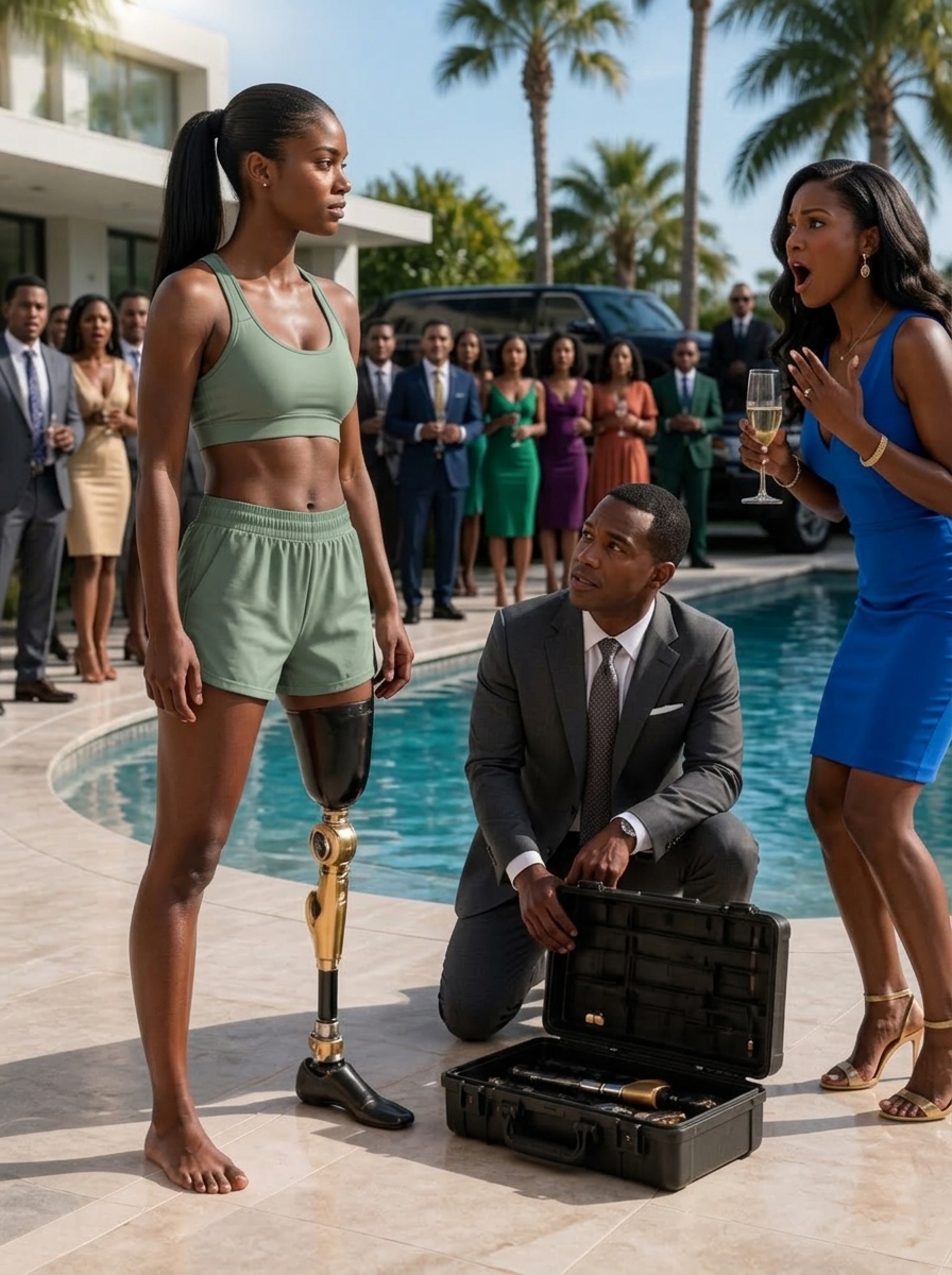 My stepsister hosted a luxury pool party, hiding my clothes so I’d have to expose my prosthetic leg. “Hop out there, pirate! Show my rich friends how defective you are,” she laughed. I didn’t cry. My billionaire husband handed me a briefcase. I walked out wearing a $500,000 custom gold-titanium blade. The VIP investors she was trying to impress immediately stood up and bowed to me, because…