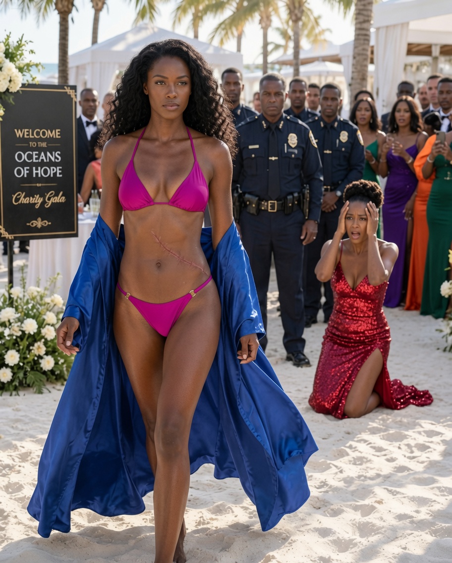 My husband ex hosted a $2M beach club bash, forcing me into a bikini to expose the ugly entry-wound scar on my ribs. “Look at the ghetto trash,” she laughed. I didn’t hide. The City Police Chief suddenly pushed through the crowd, saluting me. “Madam, the bullet you took for the Mayor saved our city.” The ex’s smile vanished when the Chief pulled out handcuffs and said…