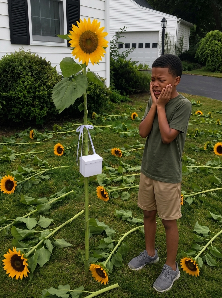 Every Year My Son Planted Sunflowers for His Twin Sister – One Morning, We Found Every Flower Cut Down Except One, with a Small White Box Hanging from It