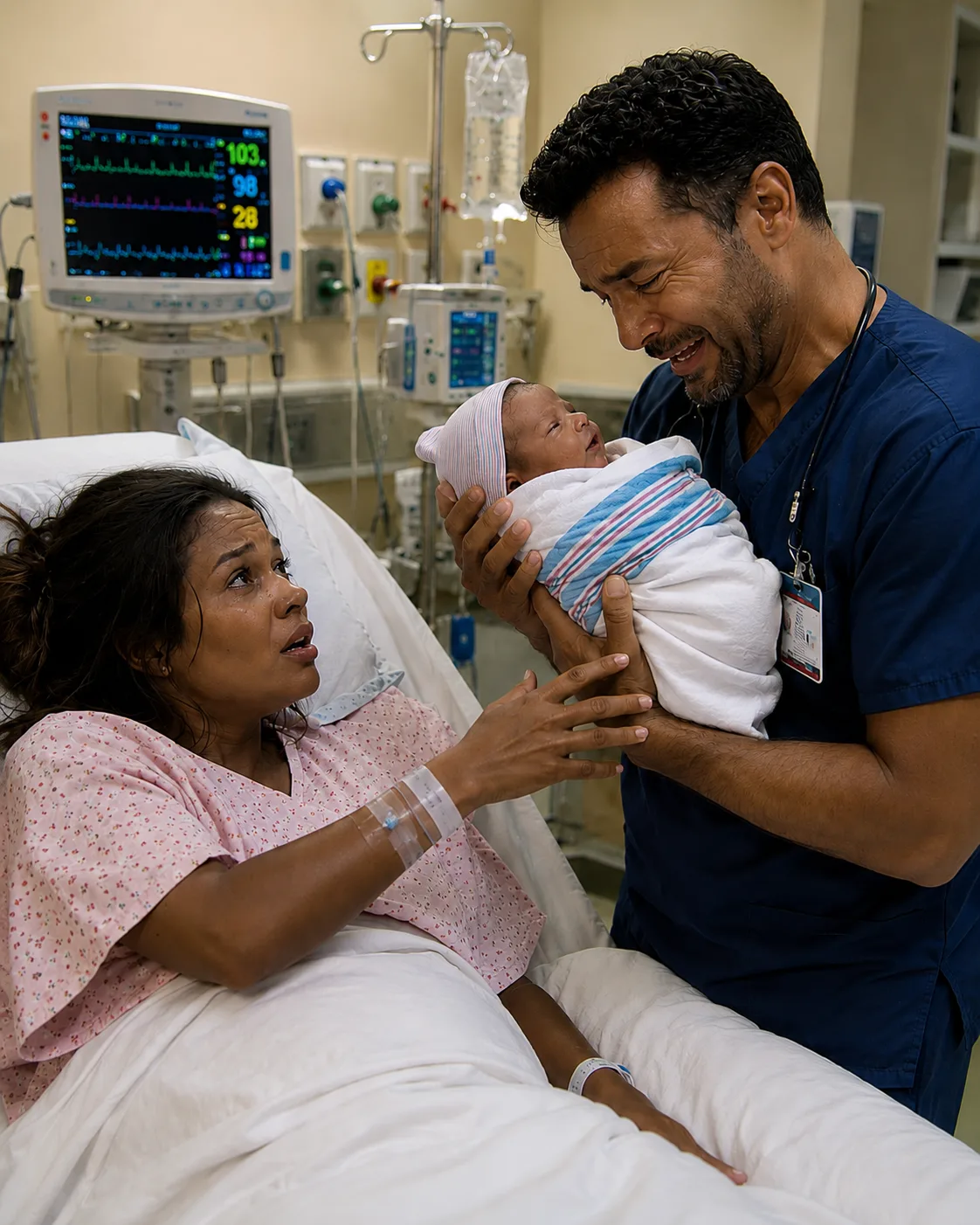 I walked into the hospital utterly alone, faking a smile every time someone asked where my husband was — until the delivery room doctor took one look at my newborn's face and broke down sobbing like he'd seen a ghost he thought he'd buried for good.