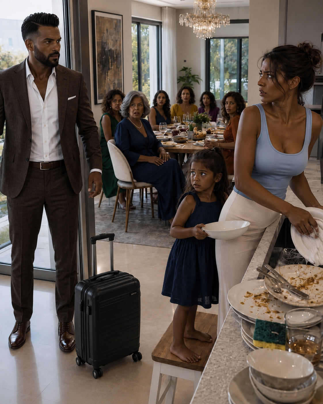 I returned home two days early and walked into twenty of my mother's guests feasting in my kitchen while my wife and daughter scrubbed dishes with scalded hands.