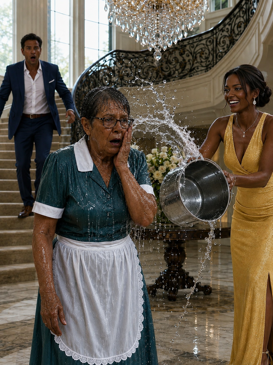 I disguised myself as a housekeeper to test my son's fiancée before the wedding. The second she saw my worn uniform, she sneered, "You look disgusting — someone should wash the filth off you," and dumped a bucket of dirty water straight over my head. She laughed, sure no one would ever take a housekeeper's word over hers. I wiped my face, calmly, switched on the recorder hidden in my pocket, and called my son down the stairs.