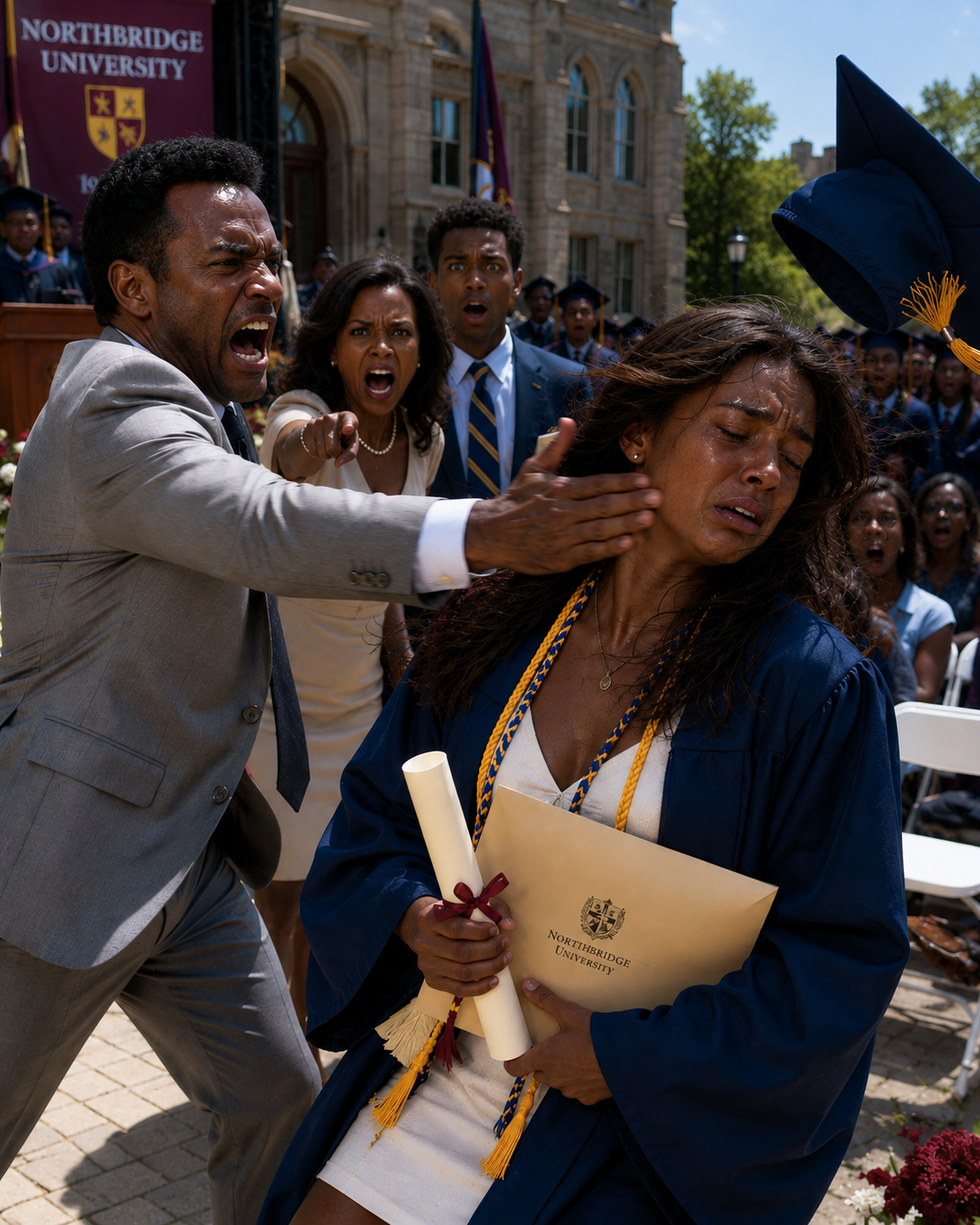 At My College Graduation, My Father Slapped Me So Hard My Cap Flew Off and Hit the Pavement. My Mother Pointed at Me and Shrieked, "You're Nothing but a Loser in a Graduation Gown!" They Expected Me to Fall Apart in Front of Everyone. Instead, I Picked Up My Diploma, Walked to the Microphone, and Exposed the Secret My Family Had Spent Four Years Hiding.