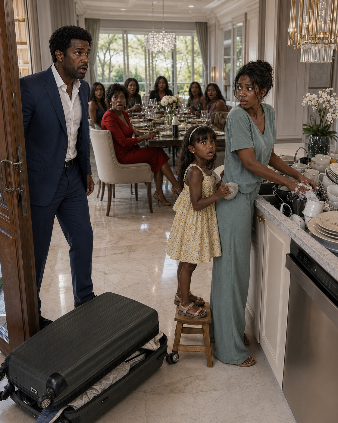 I Came Home Two Days Early and Found My Mother Hosting a Party for Twenty Friends While My Wife's Hands Were Bandaged and My Five-Year-Old Was Crying at the Sink. "Feed My Guests First, Then You Can Eat," My Mother Snapped. I Didn't Argue—I Gave Everyone Five Minutes to Get Out. Then a Pot of Scalding Gravy and a Hidden Camera Exposed Exactly What Had Been Happening Under My Roof.