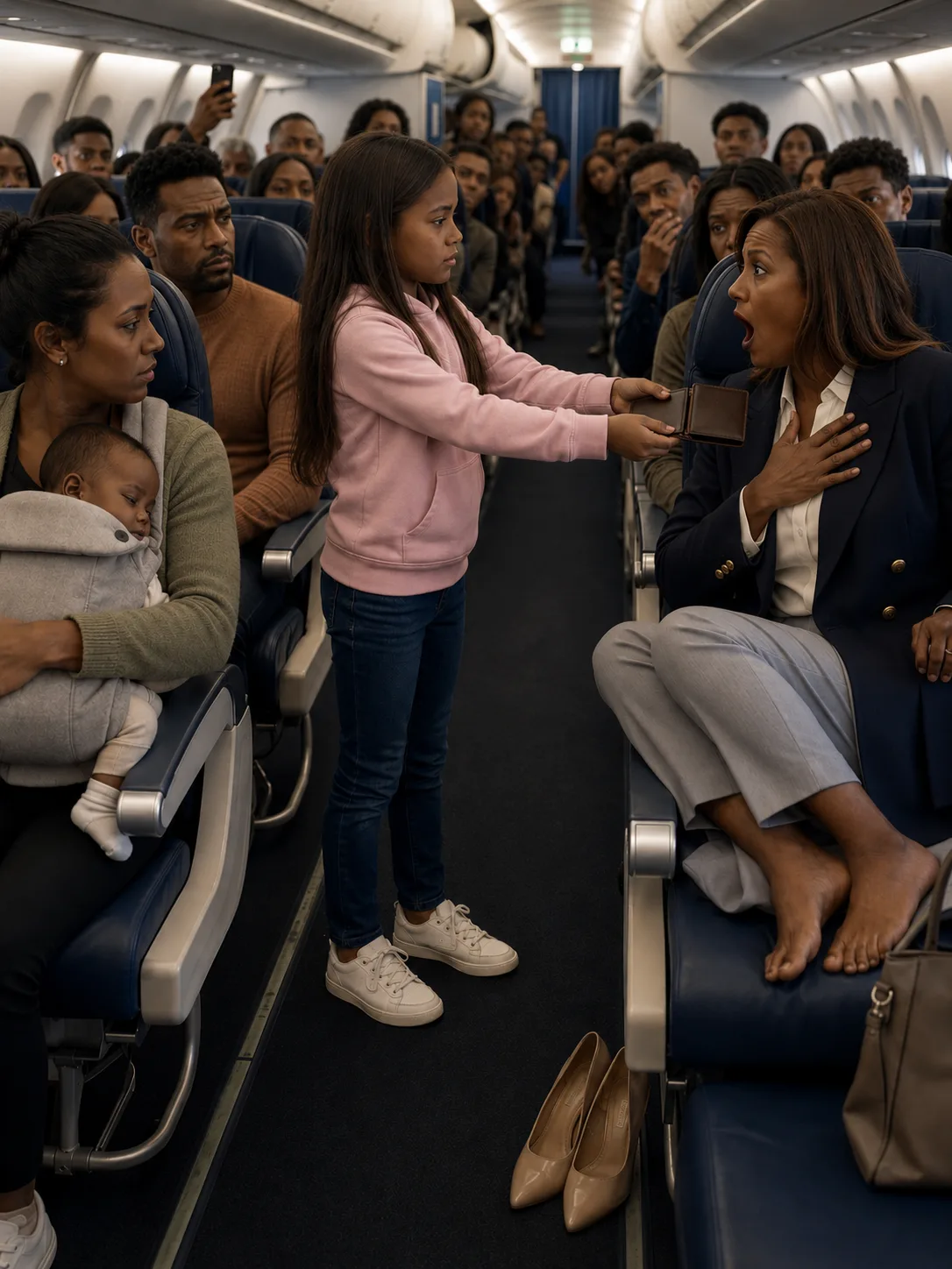 A stranger took the airplane seat I'd paid extra to reserve, then laughed in my face when I asked her to move. I almost flagged down a flight attendant — but my 10-year-old daughter squeezed my hand and whispered, "Don't, Mom. Just let me handle it." Ten minutes after takeoff, she stood up in front of the whole cabin, said a single sentence, and every single person on that plane went completely, breathlessly silent.