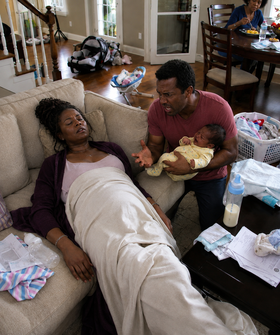 I Came Home Early and Found My Wife Unconscious on the Couch, Our Newborn Screaming Nearby, While My Mother Calmly Ate the Dinner She'd Forced Her to Cook