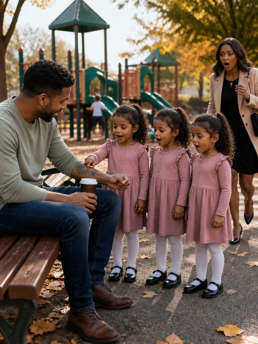 The Triplets Stopped in Front of a Struggling Single Father and Quietly Said, "Excuse Me, Sir… Our Mom Has the Same Tattoo as You." His Heart Nearly Stopped. Because the Faded Compass on His Arm Wasn't Just a Tattoo—It Was the Last Remaining Trace of a Night He Had Spent Eight Years Trying to Erase