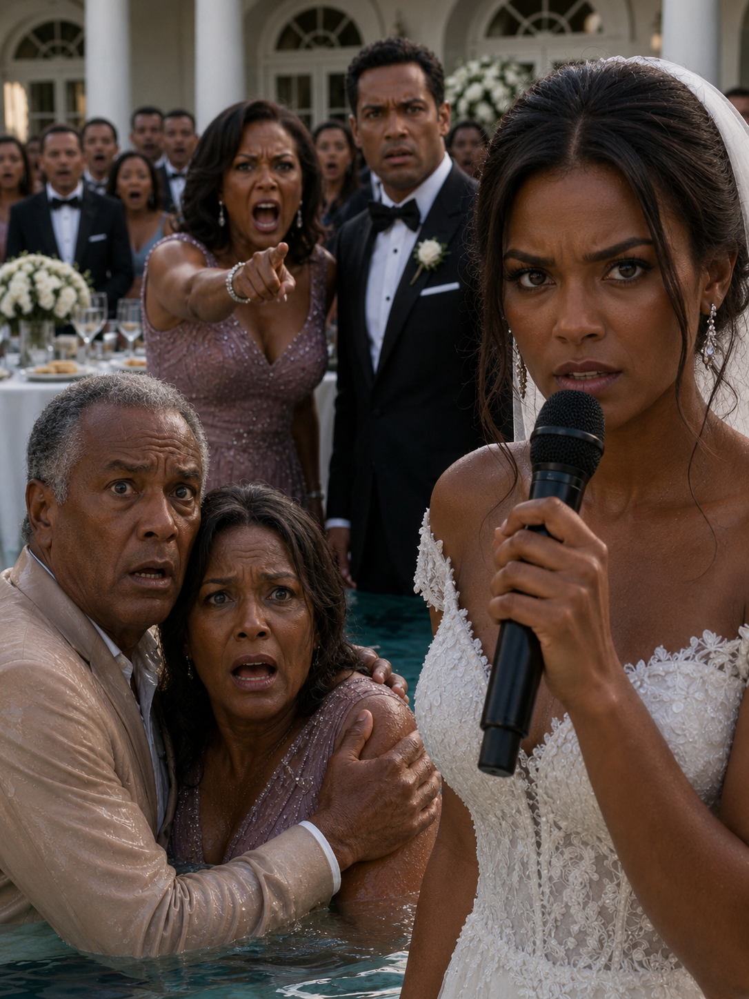 At my wedding my mother-in-law looked my parents up and down like something she'd scraped off her shoe and announced she'd never seen such a miserable, poor family. Then she shoved them straight into the pool, laughing that it was time to rinse off the smell of poverty. My fiancé didn't lift a single finger. I walked up to the microphone and said the wedding was canceled — and that by morning, his family's entire empire would be gone too. Then I made one phone call.