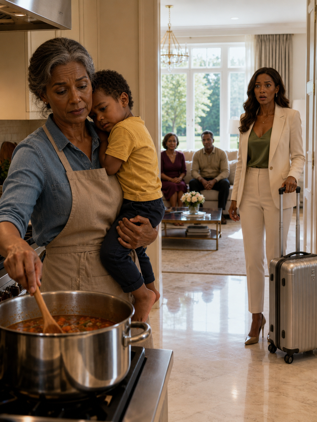 I came home three hours earlier than planned and found my sick mother cooking dinner with my son strapped to her back. I didn't say a word. I just shut everything down and drove straight to the mansion none of them knew I owned — never guessing that one visit there would uncover a secret they'd spent years burying.