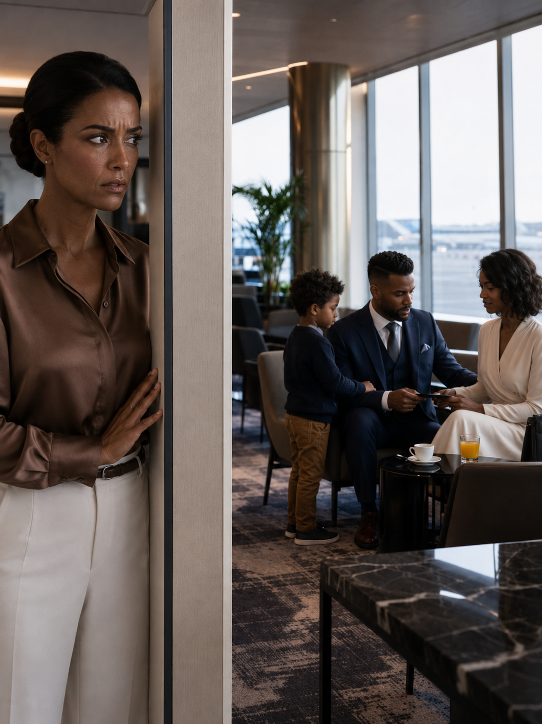 My Husband Kissed Me Goodbye Beneath the Airport Departures Board and Promised He'd Be Back From Ashworth in a Week. Two Hours Later, My Flight Was Canceled — and I Found Him in the First-Class Lounge With the Family He'd Hidden From Me for Years.