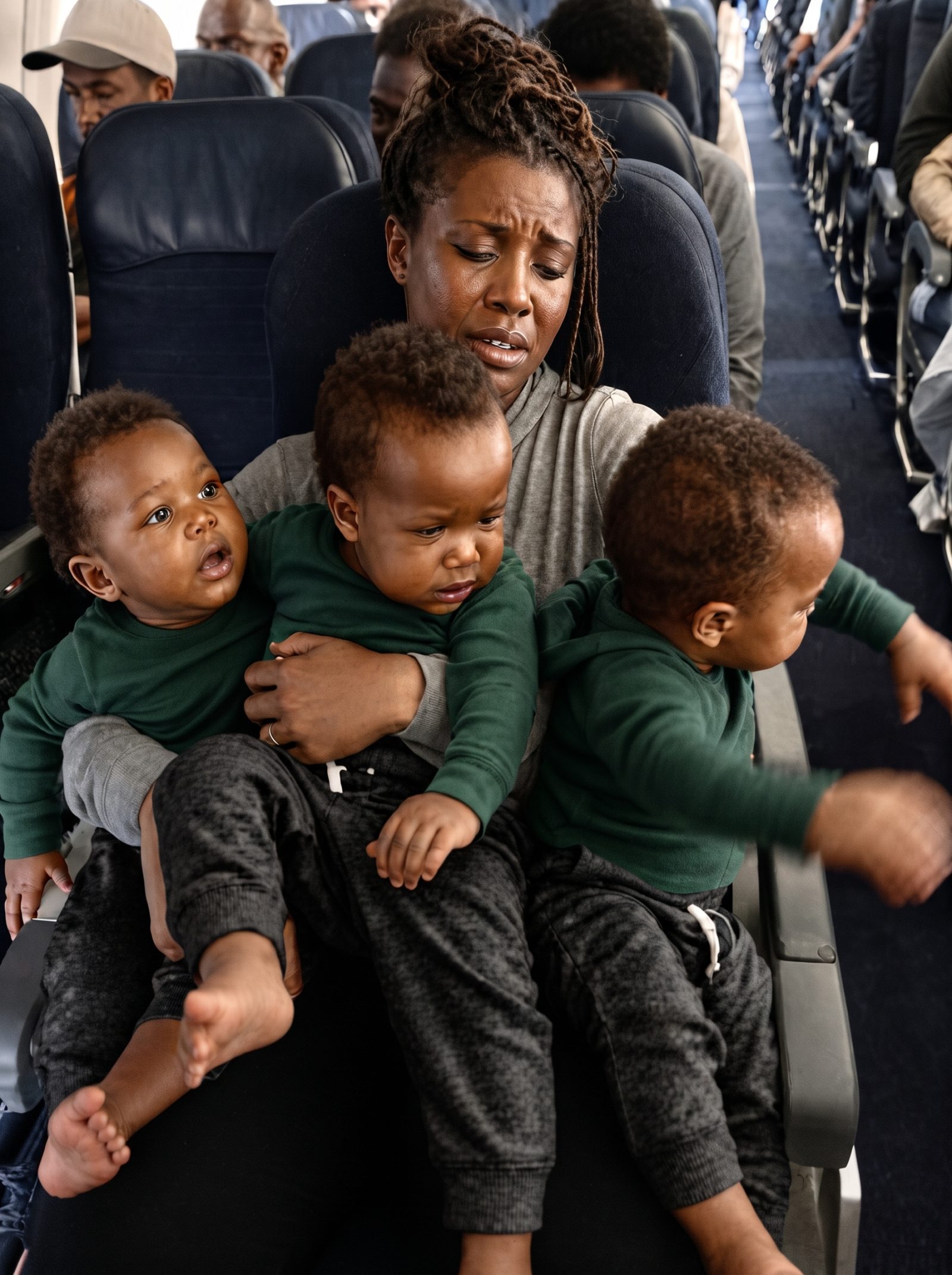 My husband booked himself a first-class seat and shoved me into the last row with our triplets — before the plane even leveled off, he was back at my side, ash-gray and shaking, whispering, "How could you do this to me?"