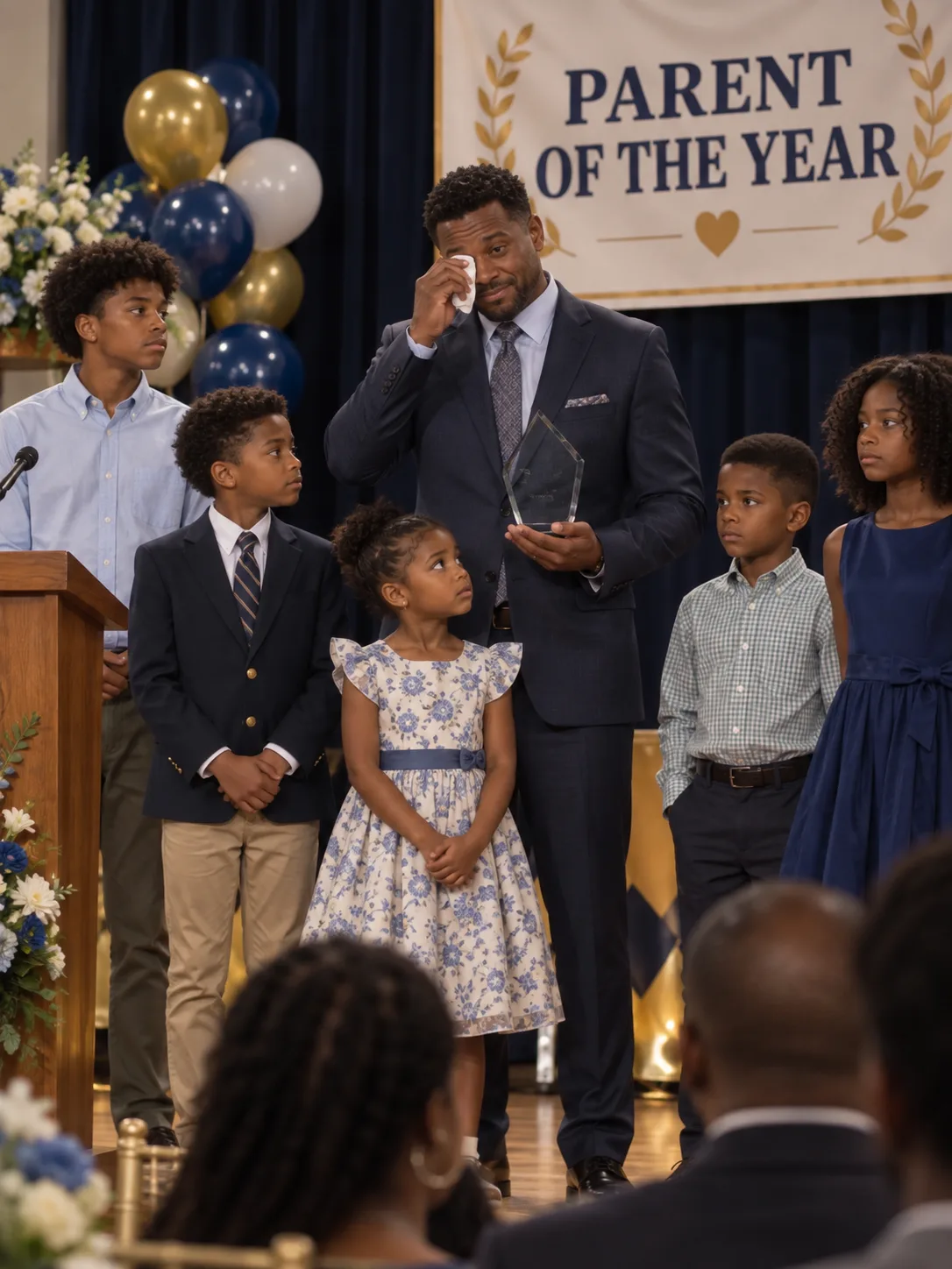 My Husband Won Parent of the Year for Raising Our 6 Kids While I Sat Alone in the Back Row — Then Our Youngest Daughter Grabbed the Mic and Asked Him a Question He Never Saw Coming.