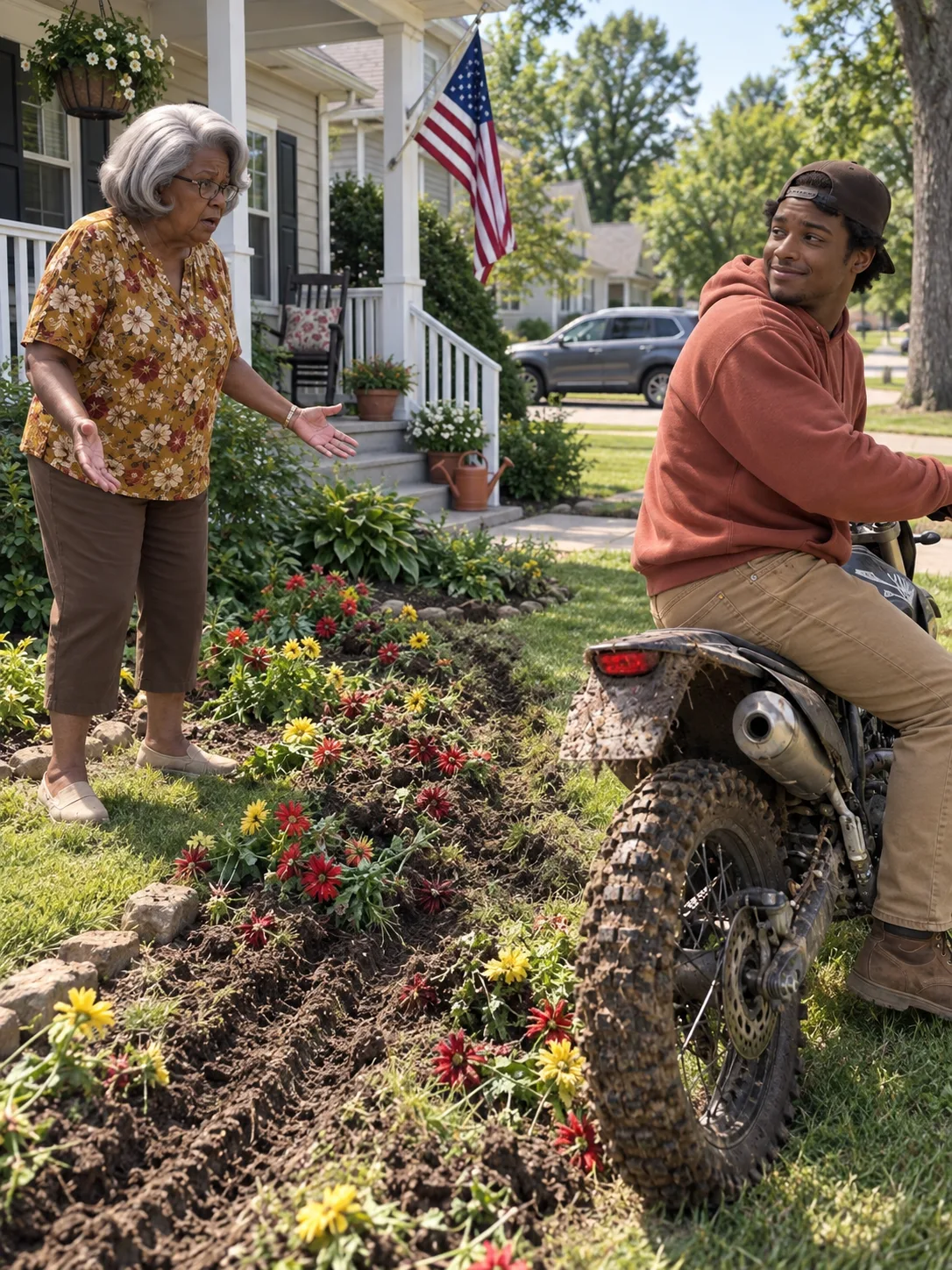 My neighbor tore up my late husband's garden with his motorcycle and shrugged it off — then found out his father's money couldn't fix what came next.

---