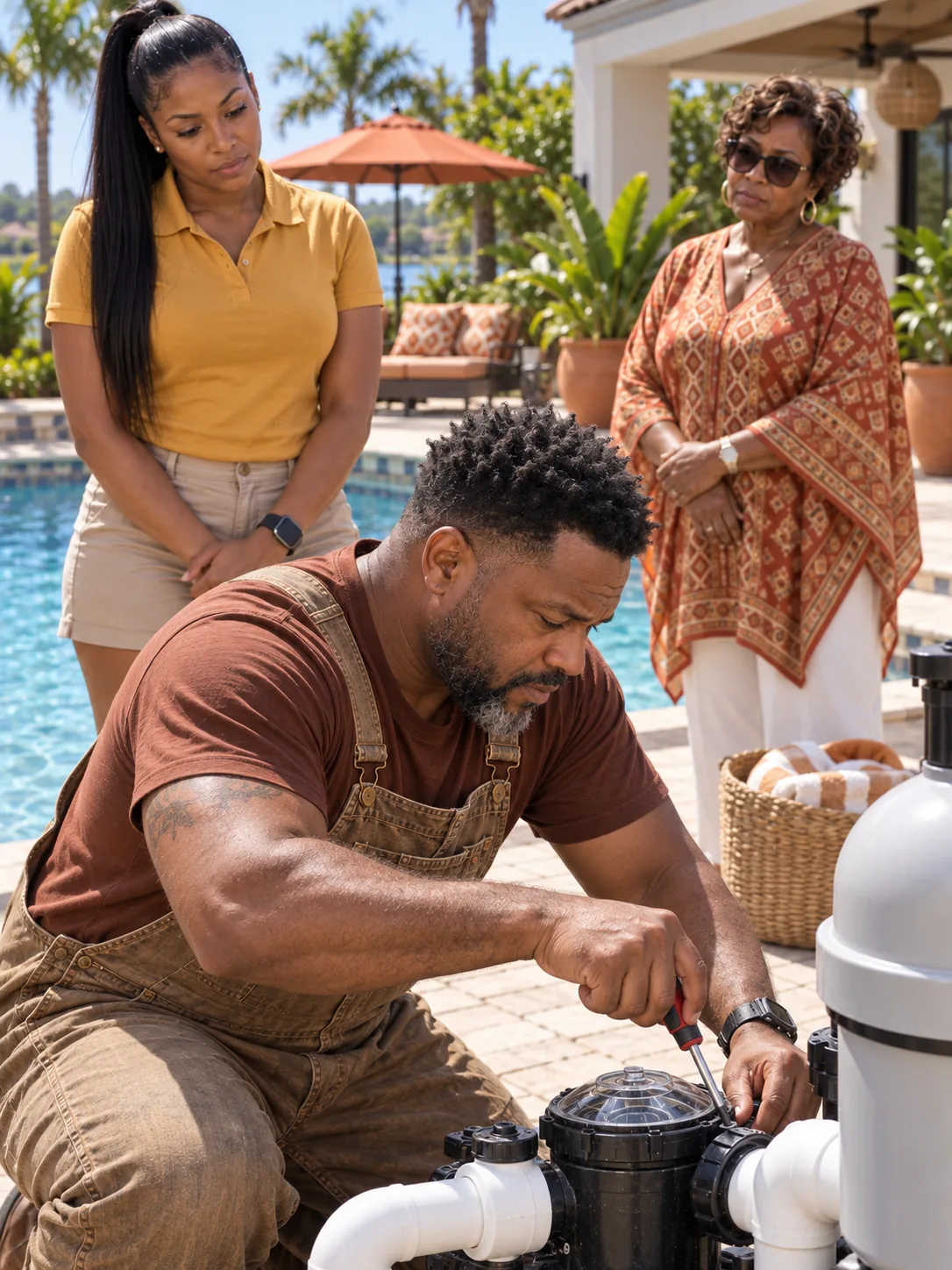 My Boss's Wife Refused to Pay My Father for Nine Days on Their Pool — Then Warned Him in Front of Thirty Guests Whose Paycheck Signs Mine. He Just Smiled at the Water and Said Call Me Tomorrow. By 7:46 AM, Two Police Cars Were Already Outside Their House.