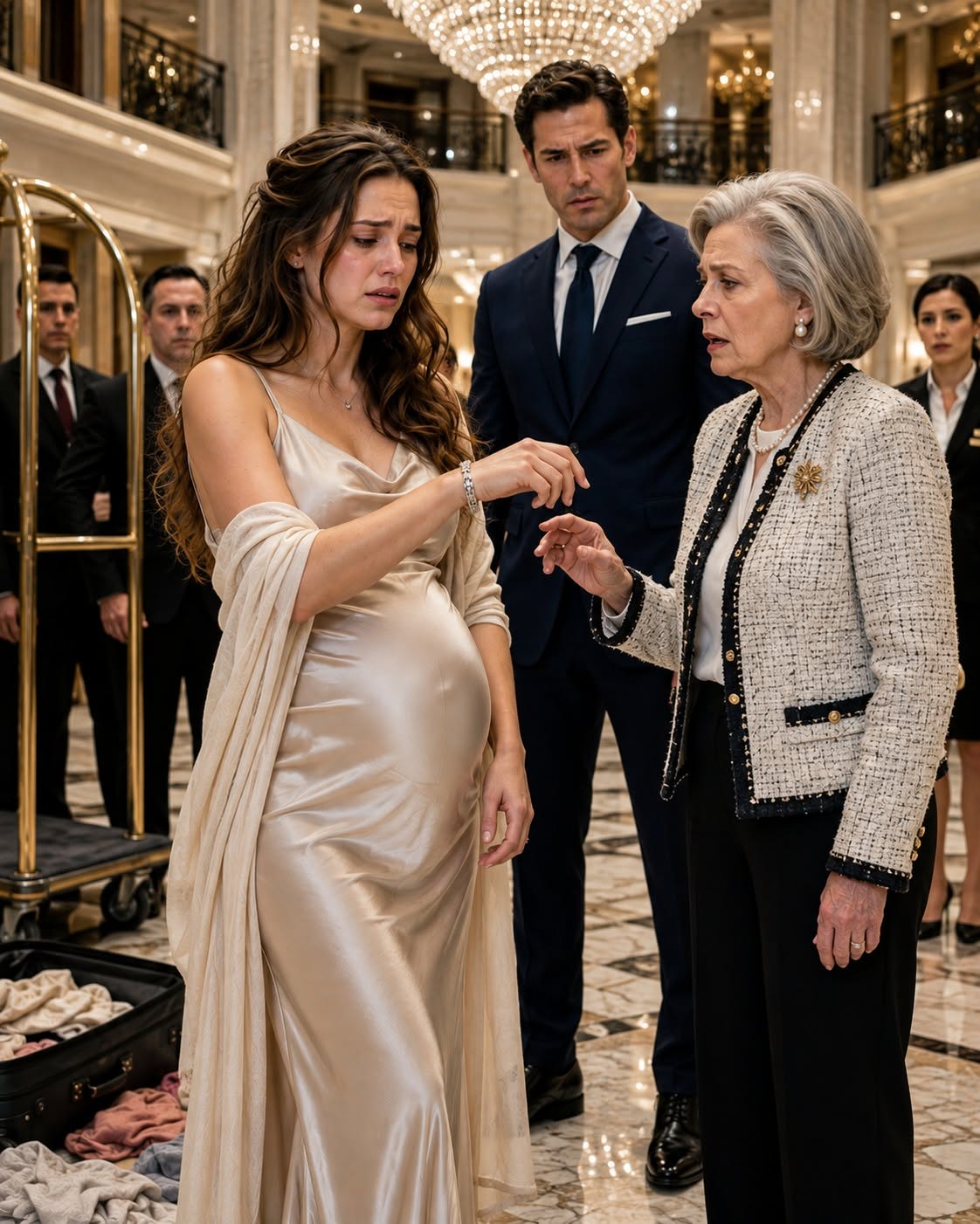 My Husband Abandoned Me Pregnant In A Hotel Lobby—Until The Billionaire Owner Recognized My Bracelet And Ruined His Life