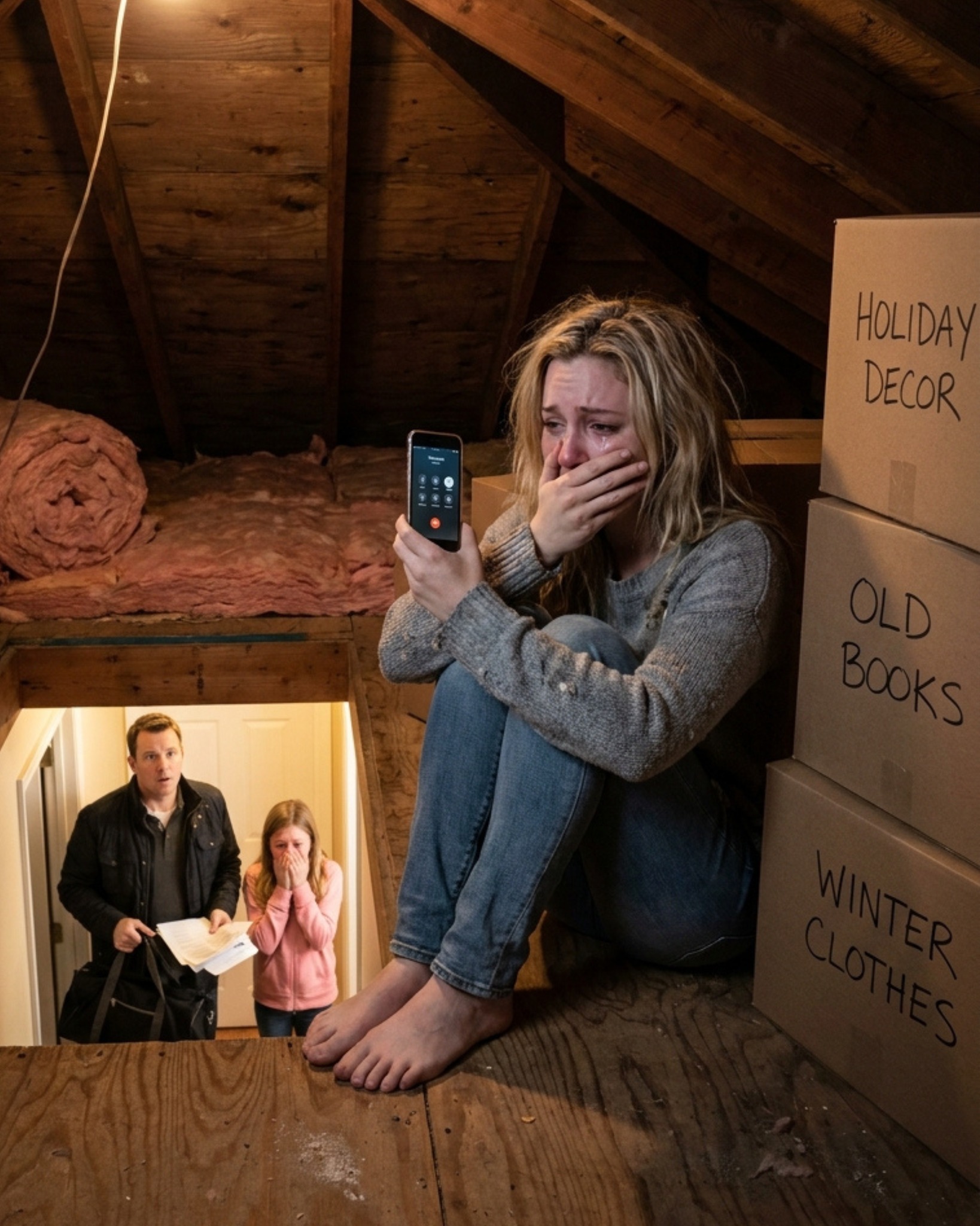 My sister called me at midnight and whispered, “Turn off every light. Go to the attic. Don’t tell your husband.” I thought she was losing her mind — until I looked through the floorboards….