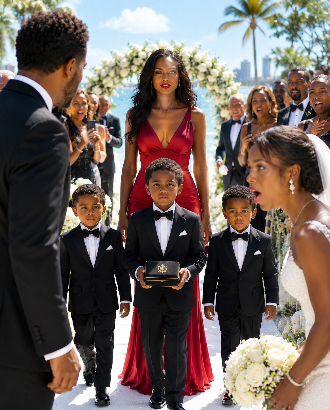 The Groom’s Wealthy Family Invited His Ex-Wife to Watch Him Marry Someone Else — Expecting Her to Arrive Alone and Heartbroken, Until Three Little Boys Brought the Entire Wedding to Silence 005