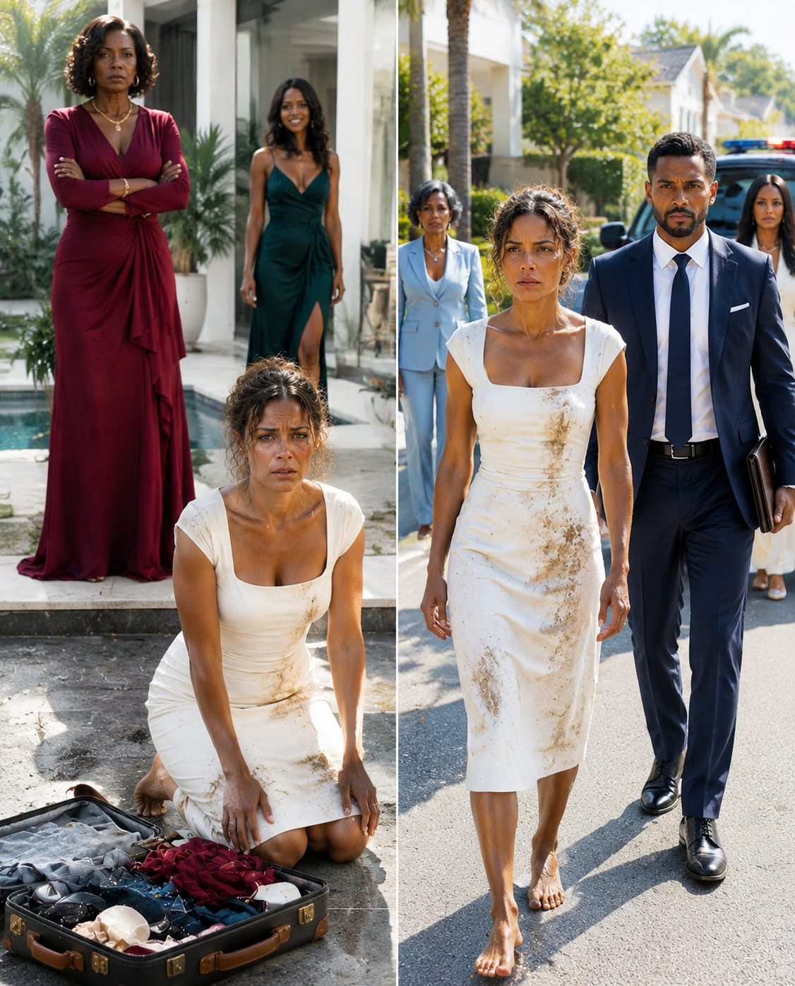 My mother pushed me into the freezing rain, and my sister threw my suitcase after me, sneering that I’d lost Dad’s estate by marrying a poor mechanic. But when three black SUVs arrived and my husband stepped out in a tailored suit, their confidence disappeared instantly.