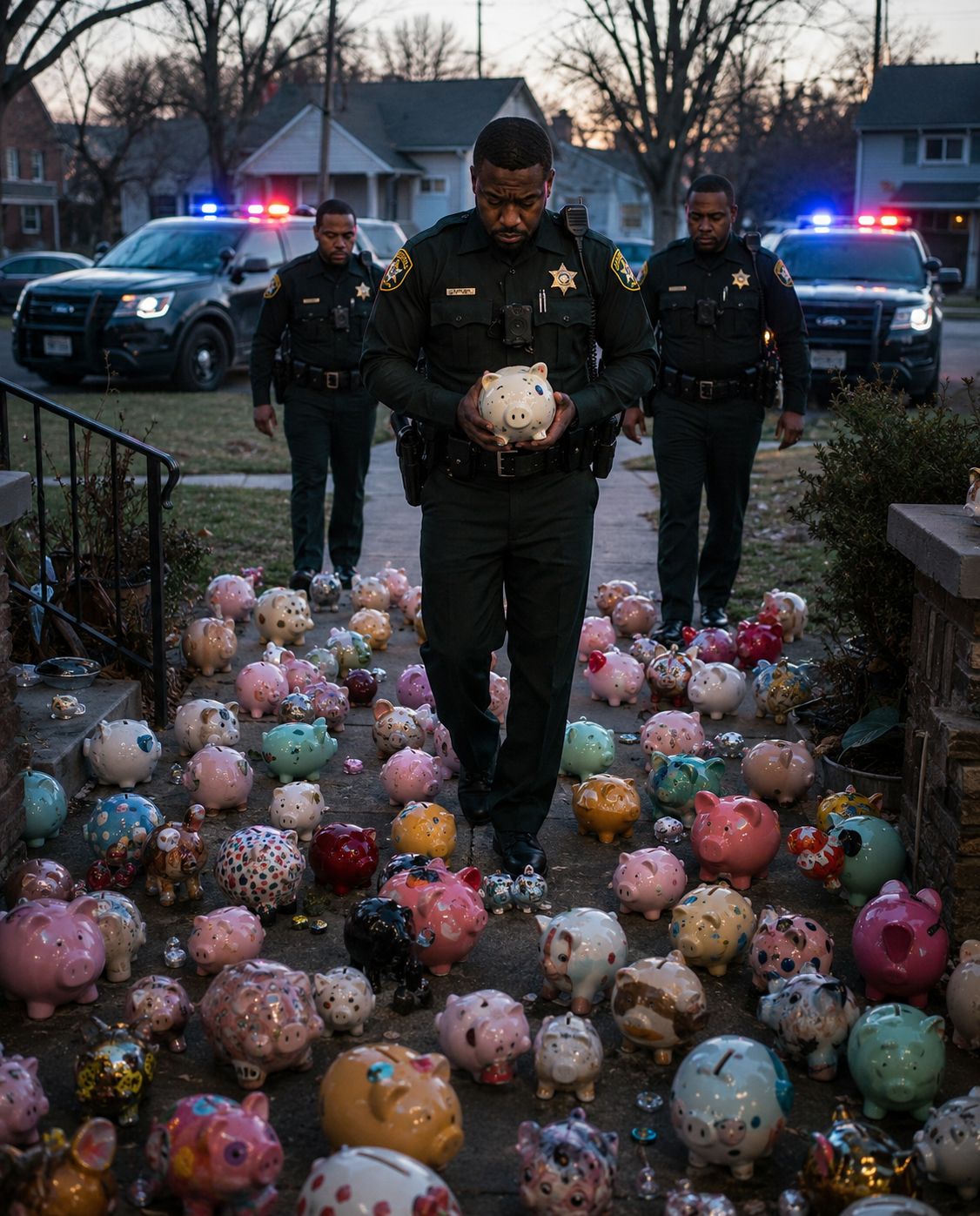 My 6-year-old son emptied his piggy bank to help our elderly neighbor when her house went dark — but the next morning, our yard was covered with piggy banks, patrol cars blocked the street, and one officer handed me a red piggy bank with a war:ning: “Break this open.”