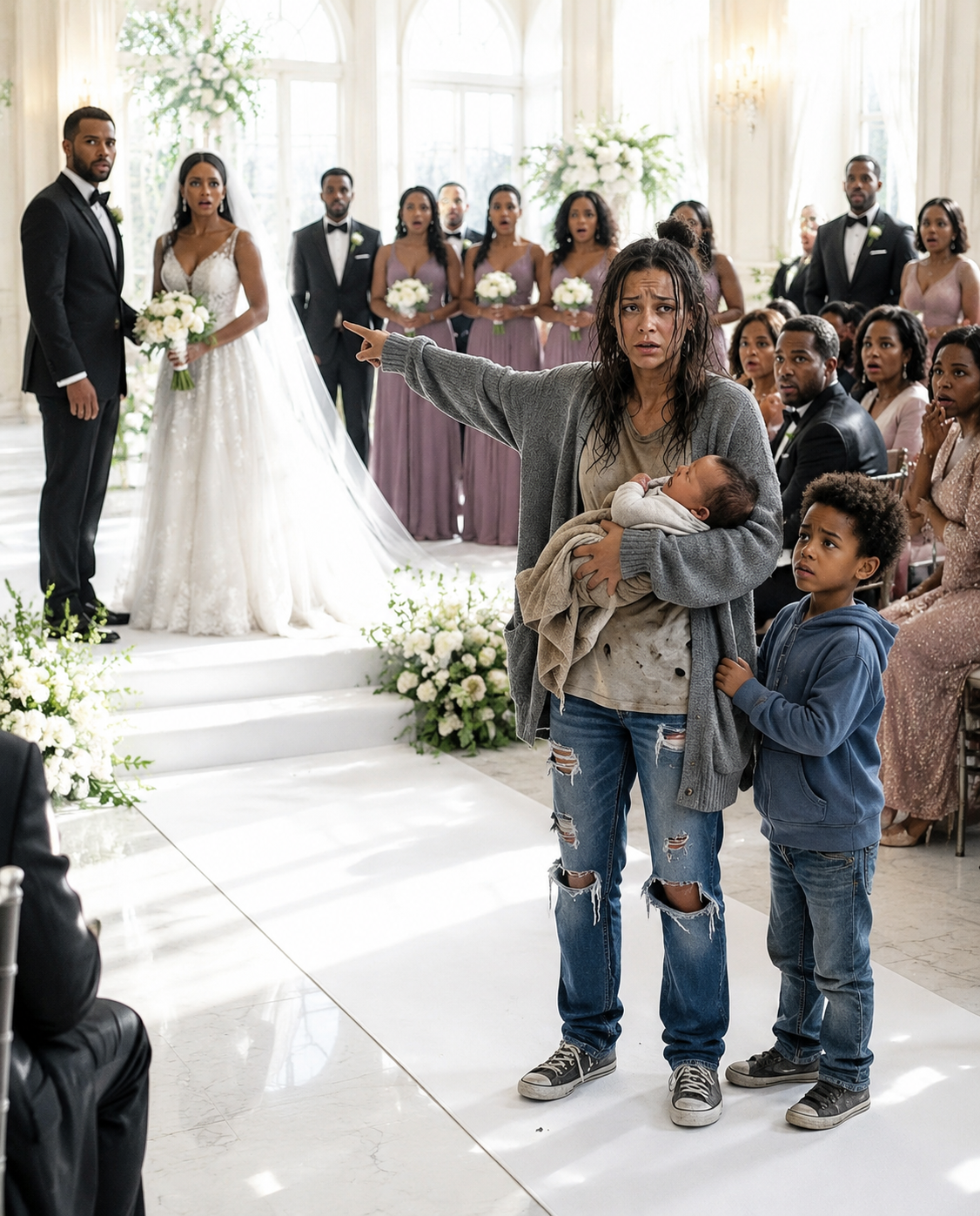 “It’s Her…” A Homeless Girl Stormed Into The Billionaire’s Lavish Wedding With A Child And Pointed At The Bride—Then Silence Fell Over The Entire Banquet Hall.
