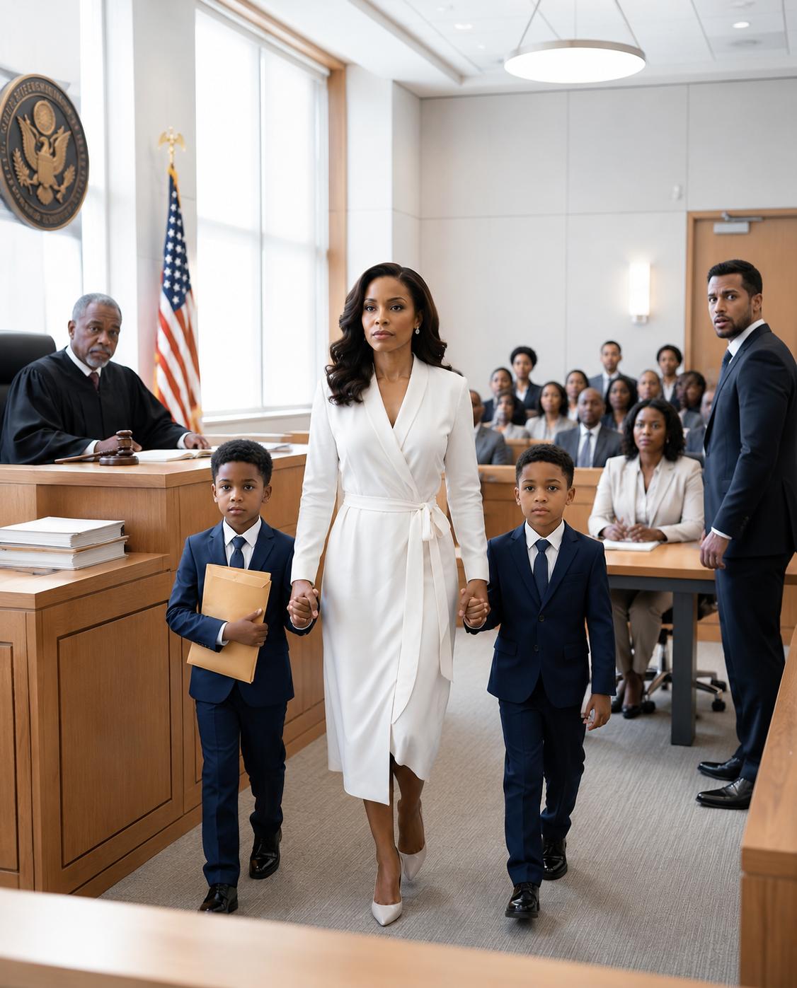 Husband Smirked When the Judge Saw His Wife’s Empty Chair at the Custody Hearing — Until the Courtroom Doors Opened and Her Twin Sons Walked In Holding the One Thing He Had Tried to Bury for Years