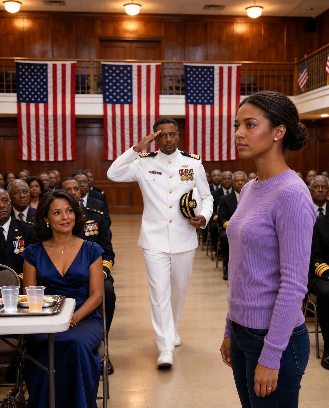 I Came Home to Sit Quietly in the Back Row of My Father’s Veterans’ Ceremony While My Stepmother Smirked, “She Already Left the Navy”—Then a Man in Dress Whites Walked Into That Packed Hall, Ignored the Stage, and Started Walking Straight Toward Me