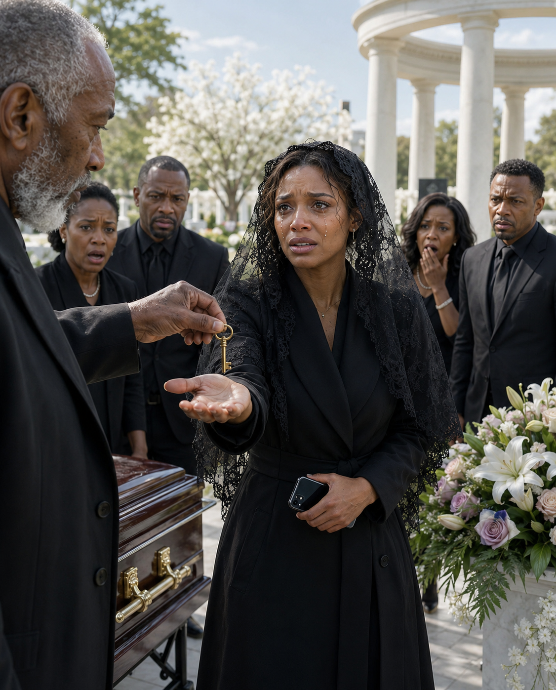 At my mother’s funeral, the gravedigger quietly pulled me aside and said, “Ma’am, your mom paid me to bury an empty coffin.” I told him to stop playing games. Then he slipped a key into my hand, whispered, “Don’t go home. Go to Unit 16 right now,” and my phone lit up with a message from my mother: “Come home alone.”