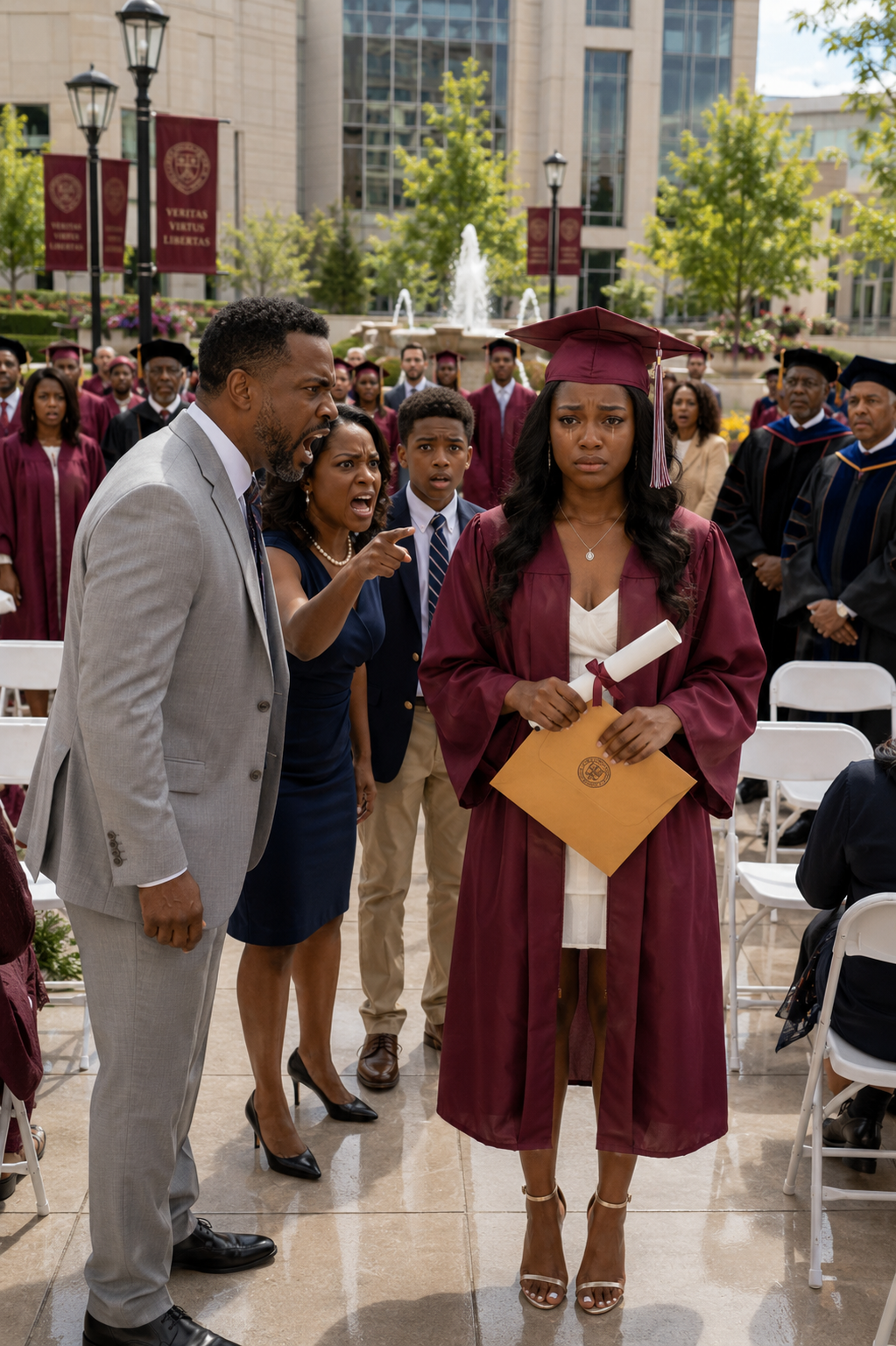 At my own graduation, my father sla:pped me so hard my cap hit the floor. “You don’t deserve that degree,” he spat, while my mother screamed, “You’re just a failure in a gown!”