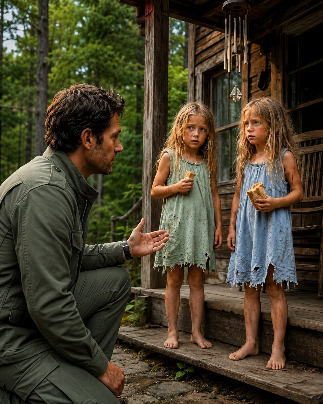 I thought I was driving to my late wife’s mountain house to finally let her go. Instead, I found two abandoned twin girls standing barefoot on the porch, clutching stale bread like it was the last thing keeping them alive. Minutes later, one of them whispered my wife’s name… and led me toward a hidden trail only Olivia had ever known.