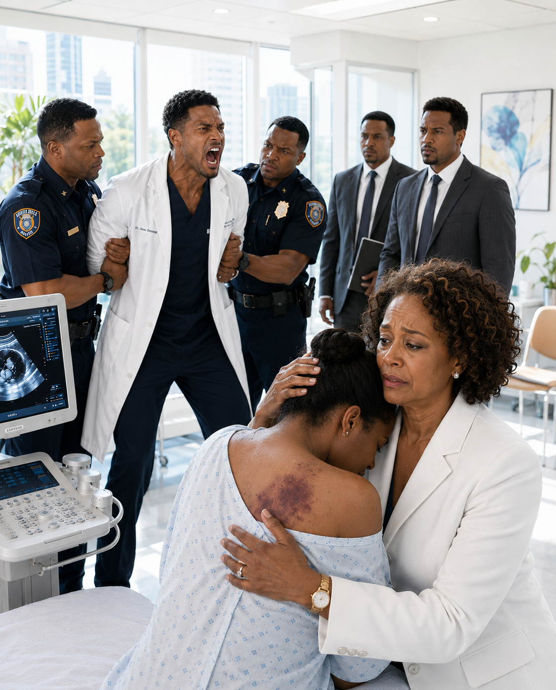 At the VIP clinic, I saw dark marks across my pregnant daughter’s back. She trembled and whispered, “Mom, he runs this hospital. If I leave, he’ll make sure my C-section goes wrong.” I stayed silent, helped her into the gown, and said, “Let’s hear the baby’s heartbeat.” While she lay on the table, I began taking down his empire.