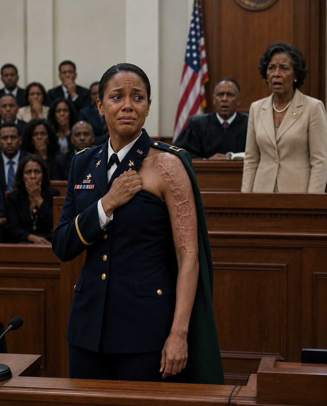 They called me a liar in front of a packed courtroom, and my own mother made sure everyone believed it. With one hand on the Bible, she looked the judge in the eye and said, “She was never a soldier. She faked the scars, the medals, all of it.” The room turned cold as every face shifted toward me with disgust. Then the courtroom doors opened, and the man stepping inside made my mother’s smile vanish.