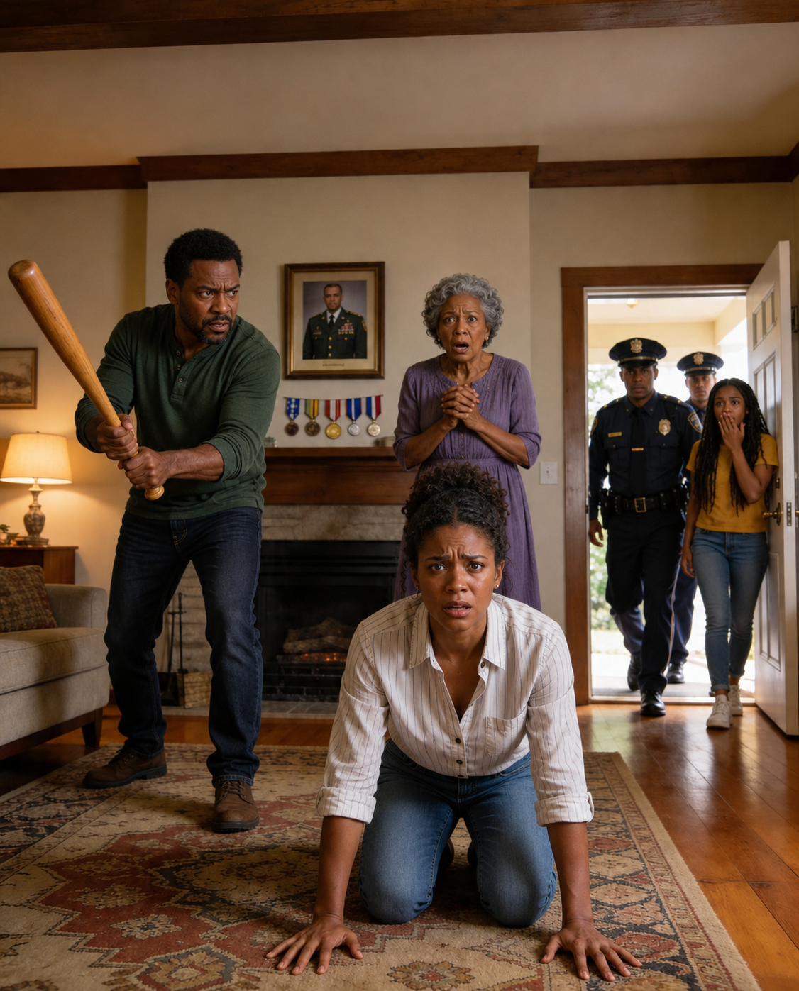 “Sell the house,” my father said, lifting a baseball bat in my grandmother’s living room while my mother begged me to think about my sister’s debts, and when the first hit dropped me to my knees and the front door burst open seconds later, the only thing that stopped everyone cold was hearing one of the officers look at me and say my rank out loud.