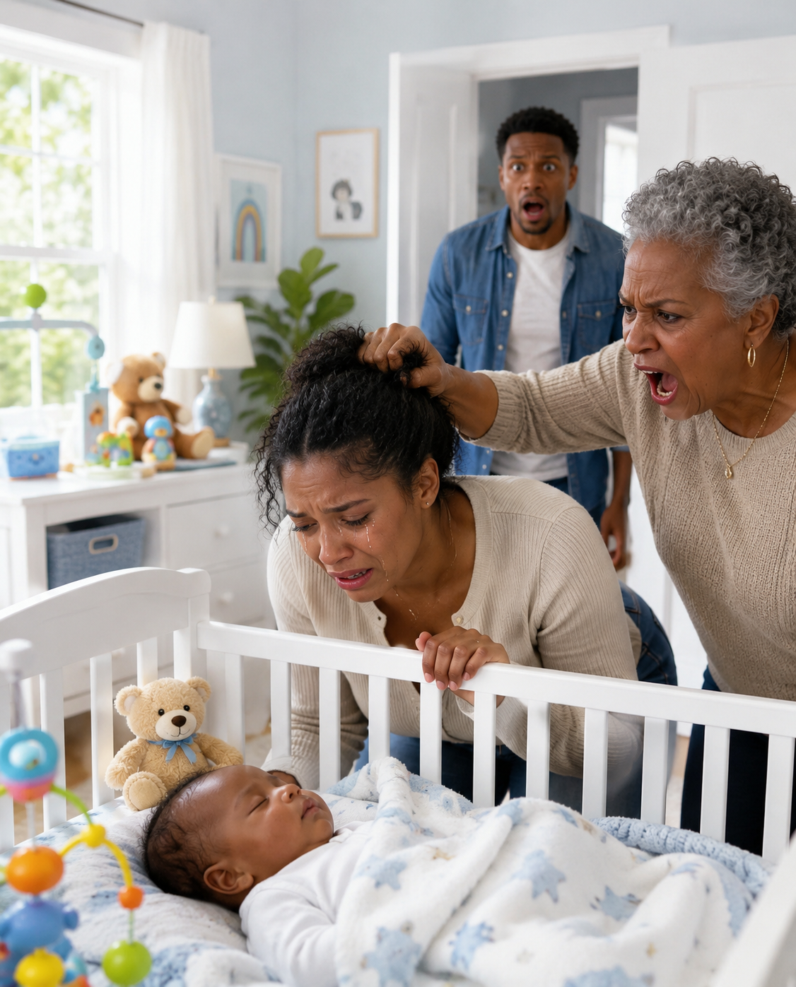I set up the camera to check on my baby during naptime, but what I heard shattered me first: my mother snarling, “You live off my son and still dare to say you’re tired?” Then, right beside my child’s crib, she grabbed my wife by the hair.
