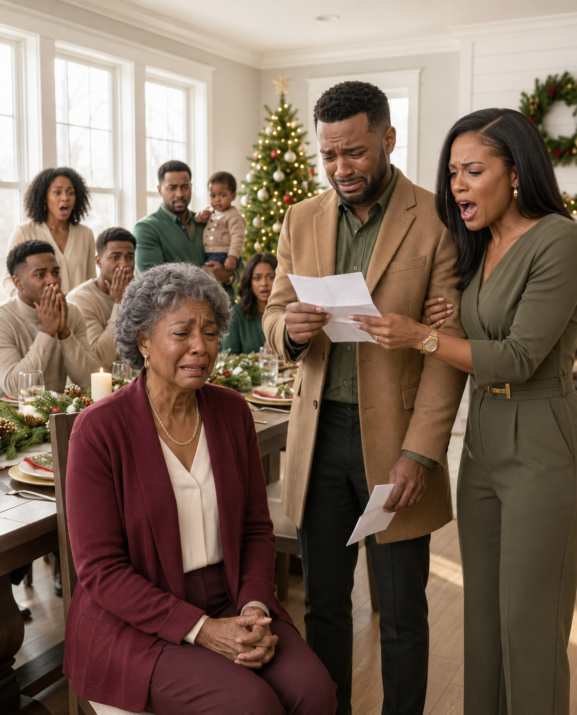 At Christmas dinner, my daughter-in-law sl*pped me in front of everyone, and my son said nothing. Then a stranger appeared at the door with a letter for him. The moment he began reading, his face went white, his tears fell, and my daughter-in-law panicked, begging him to stop.