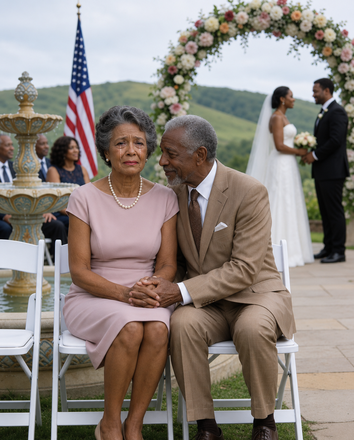 At my son’s luxury wedding, I was forced to sit alone in the back. “Your poverty will embarrass us,” his bride sneered. Suddenly, a man in an expensive suit sat beside me: “Act like you’re with me.” When my son saw us together, he went pale.
