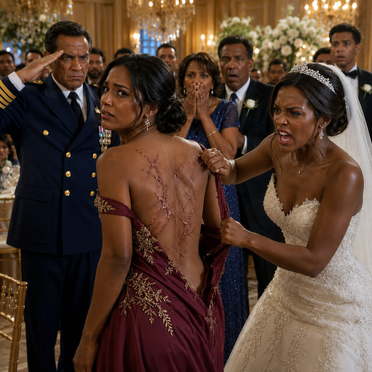 At my sister's wedding, she ripped my dress off in front of everyone and mocked the scars on my back. "You ugly devil, you're going to ruin my big day," she hissed. My parents said nothing. Not a word. Then the groom's father, a powerful naval admiral, slammed his hand on the table and yelled, "Stop! Do you even know who she is?" - True Stories